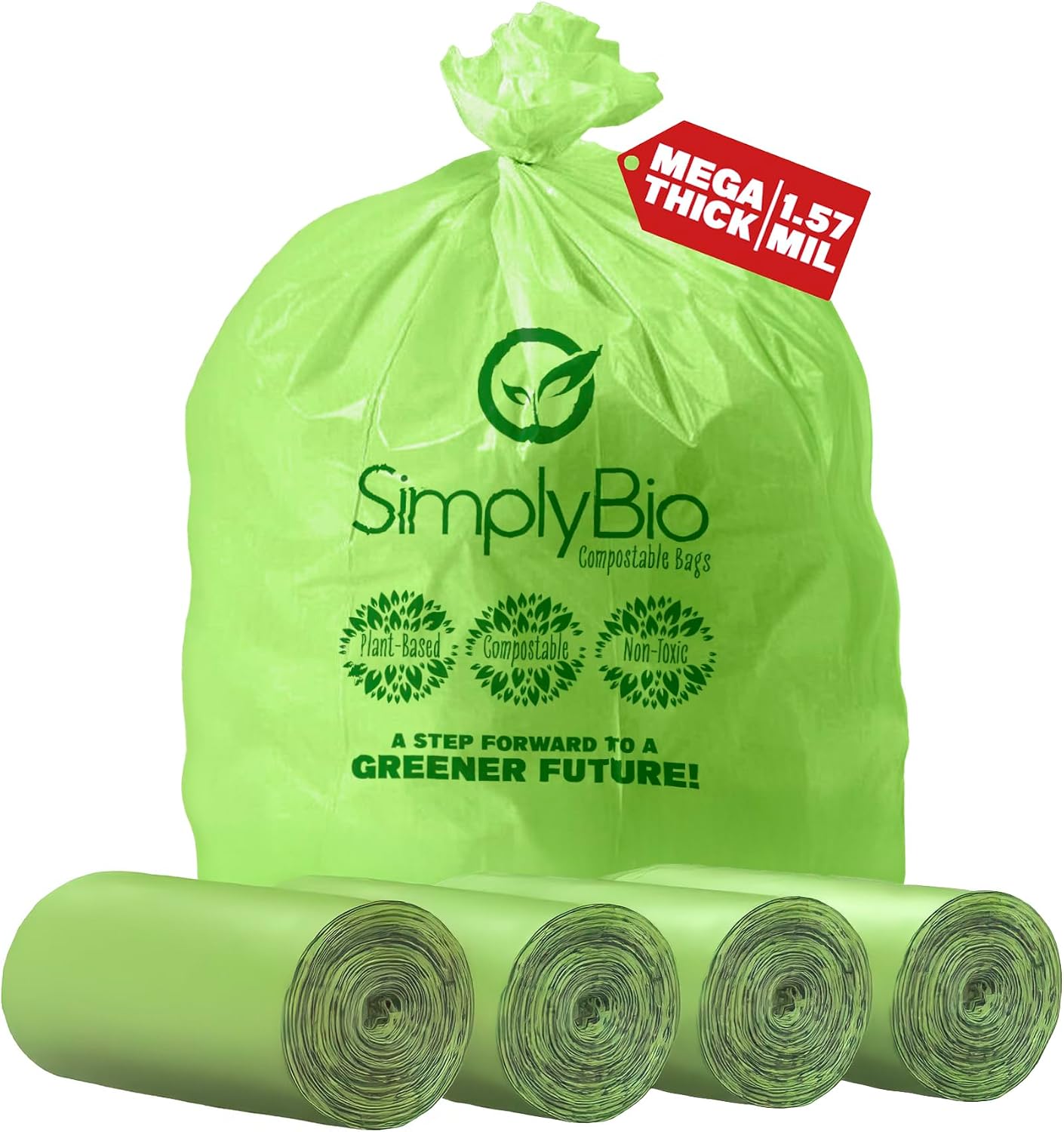 Simply Bio 96 Gallon Compostable Trash Bags Liners Flat-Top, Heavy Duty Extra Thick 1.57 Mil, 363.4 Liter, 40 Bags, Lawn, Yard, and Restaurant Use, ASTM D6400, US BPI, OK Compost Home Certified