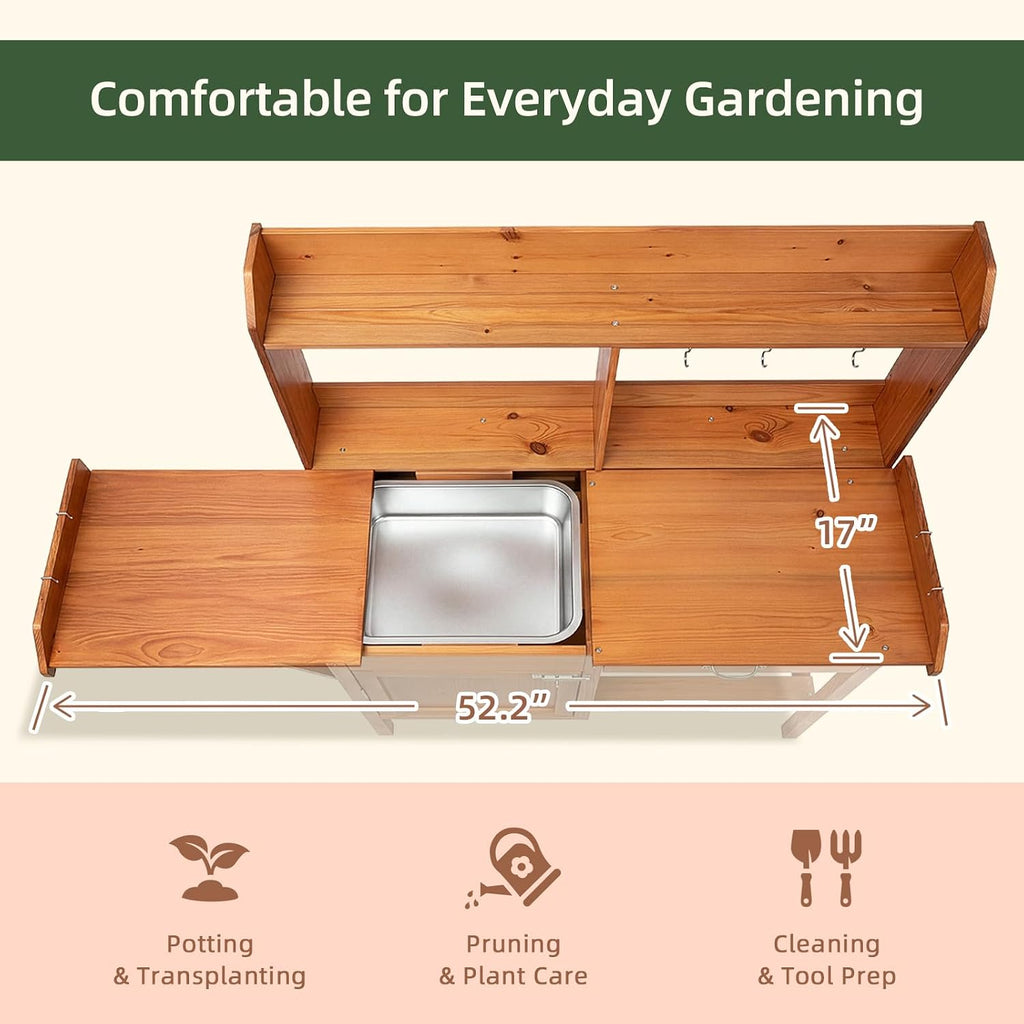 OOOK Potting Bench, Nordic Scots Pine Potting Table with Sliding Tabletop, Removable Sink, Garden Bench, Workstation for Outside Patio Lawn, Wooden Garden Work Station
