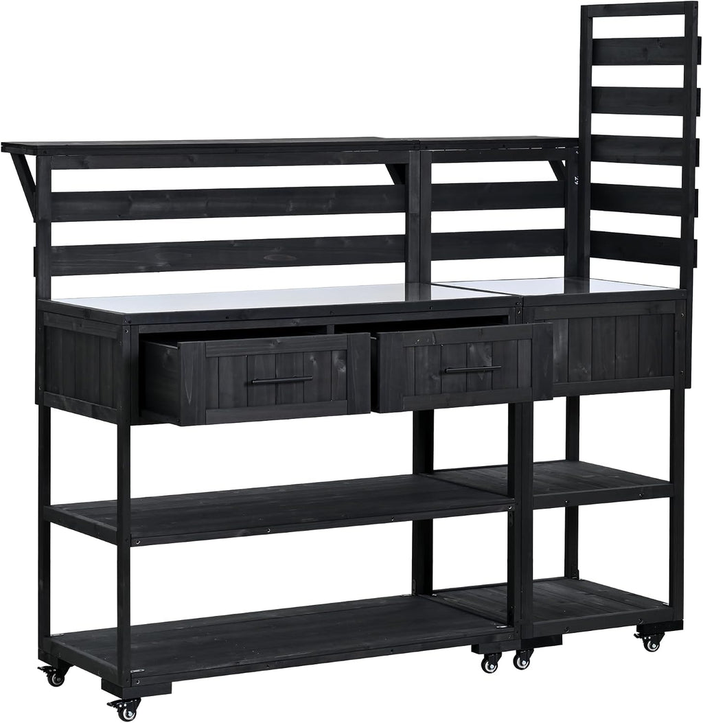 Patio Potting Bench Table with Stainless Table Top, Outdoor Large Garden Workstation on Wheels with Raised Shelf and Drawers for Backyard (Black)