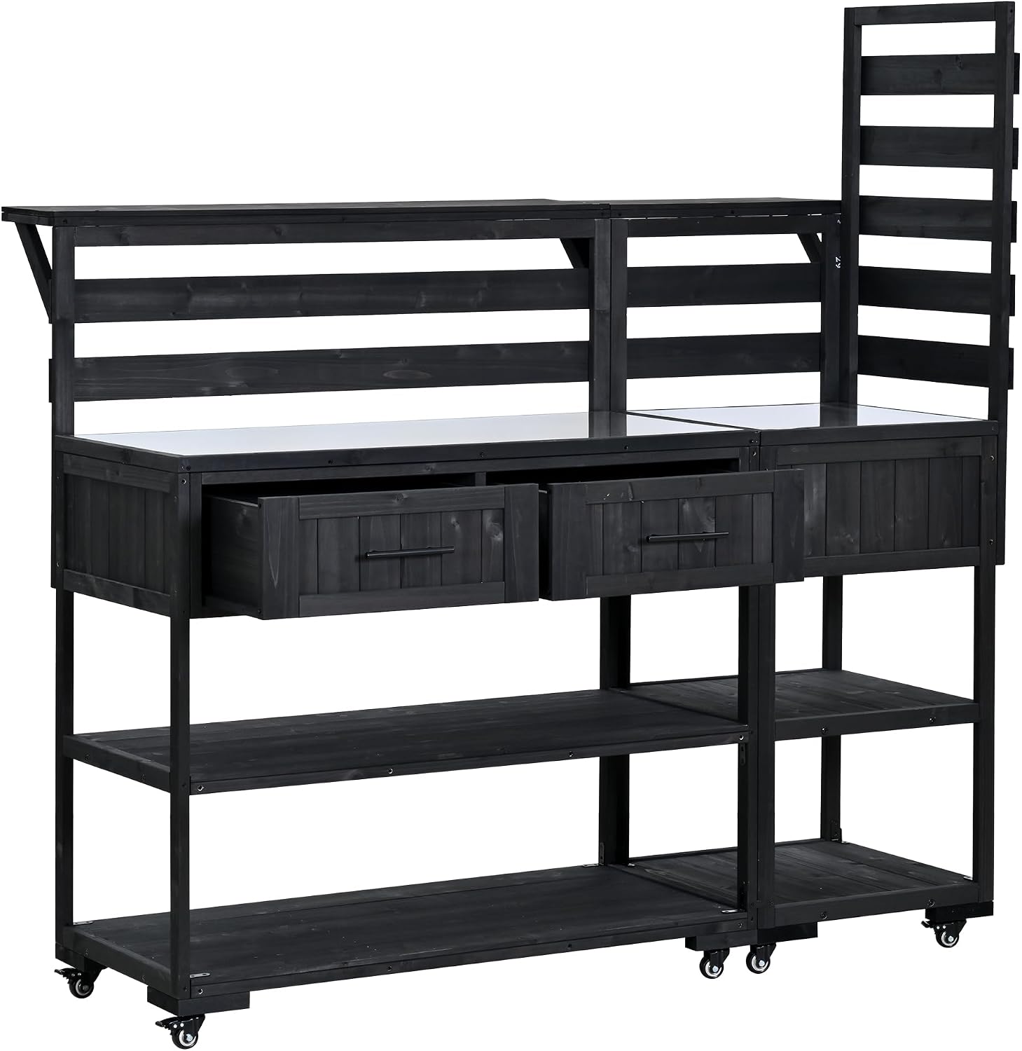 Patio Potting Bench Table with Stainless Table Top, Outdoor Large Garden Workstation on Wheels with Raised Shelf and Drawers for Backyard (Black)