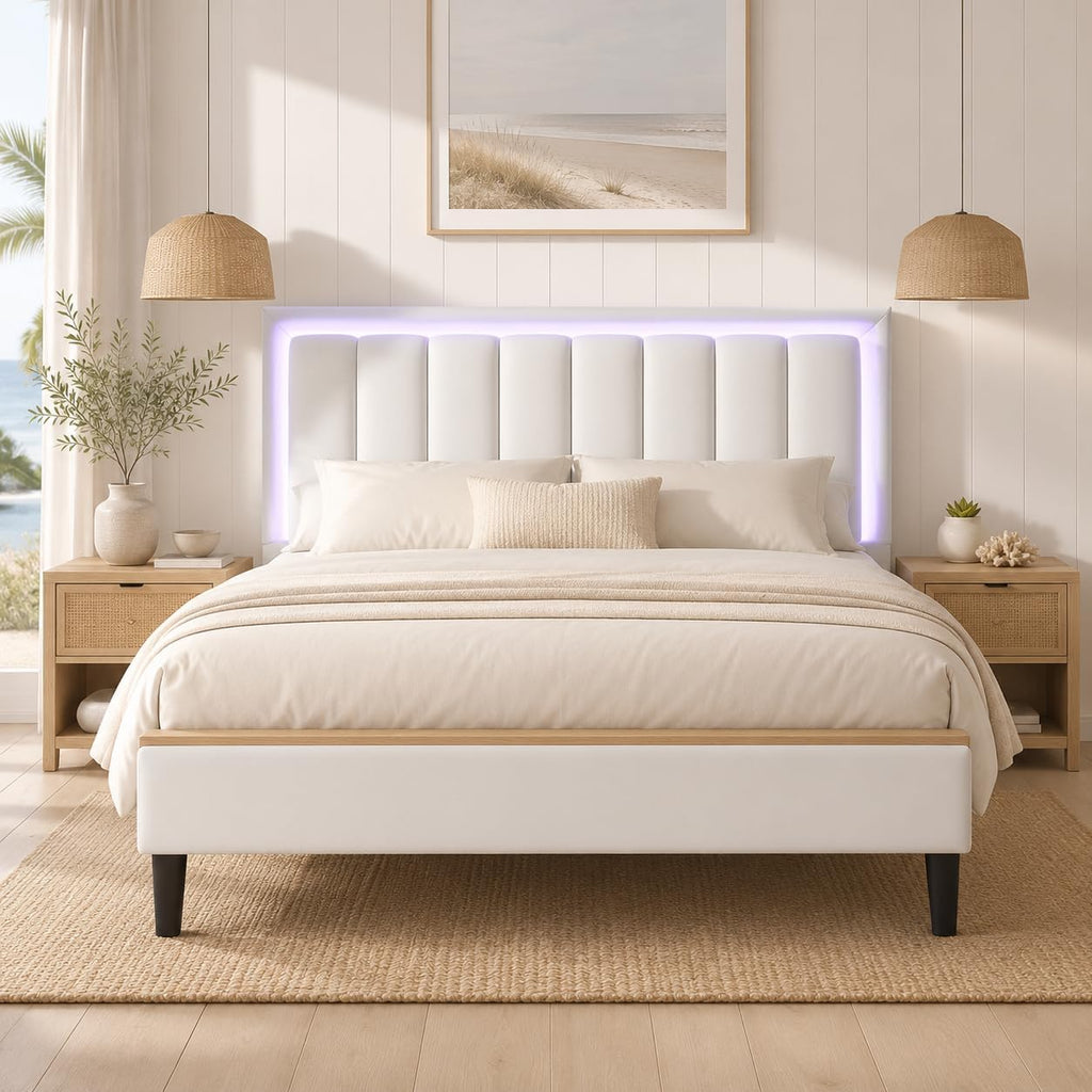 IMMERSTABLE Full Size Bed Frame with RGB LED Lights, Upholstered Platform Bed Frame with Headboard, Wood Slat Support, No Box Spring Needed, Quiet Design, Easy Assembly, White