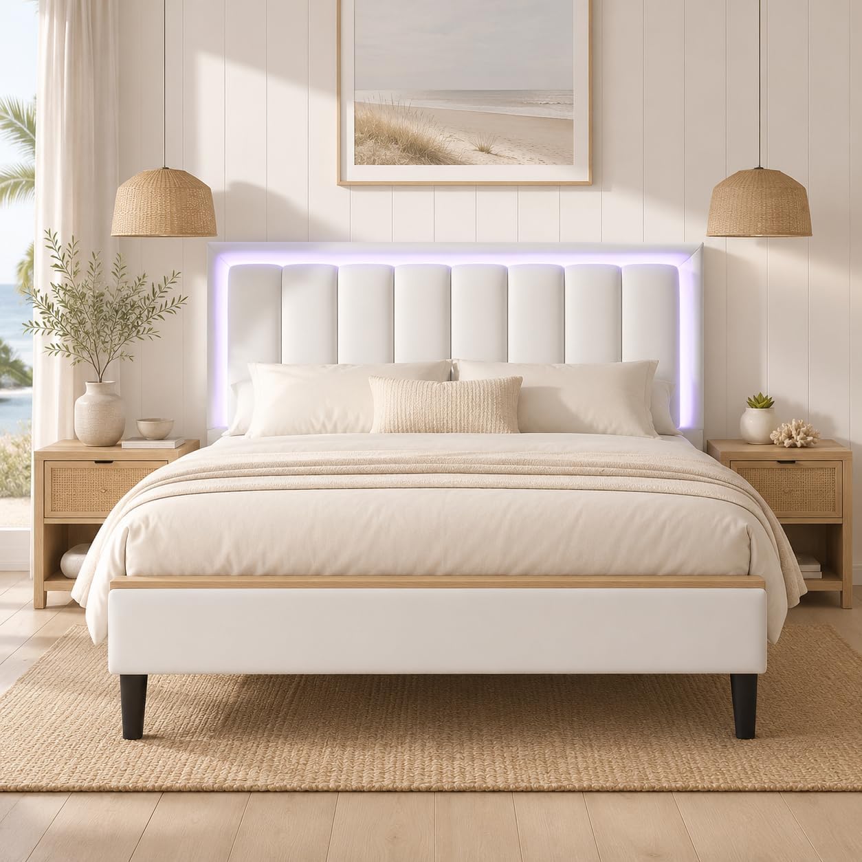 IMMERSTABLE Full Size Bed Frame with RGB LED Lights, Upholstered Platform Bed Frame with Headboard, Wood Slat Support, No Box Spring Needed, Quiet Design, Easy Assembly, White