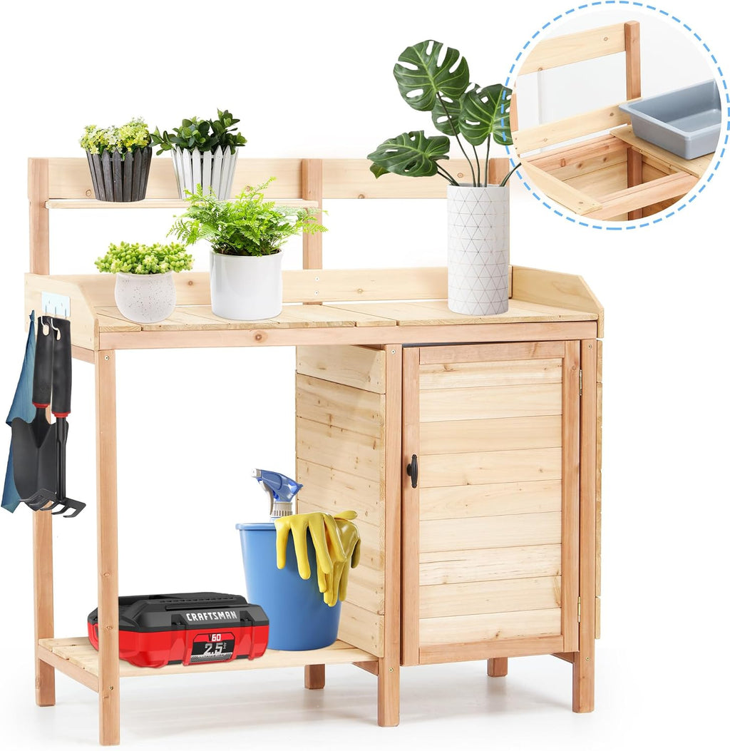 Outdoor Potting Bench Table with Sink and Storage Cabinet - Gardening Workstation for Patio and Lawn Organization with Sliding Tabletop and Tool Hooks