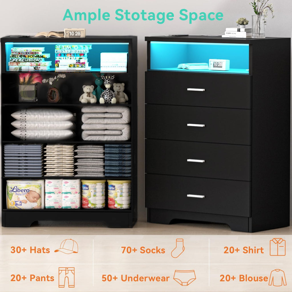 FJTJBSI Dresser with Power Outlets and LED Lights Wooden 4 Drawer Dresser with Large Organizer Tall Black Drawer for Bedroom Modern Chest of Drawers Closet for Living Room Kids Room