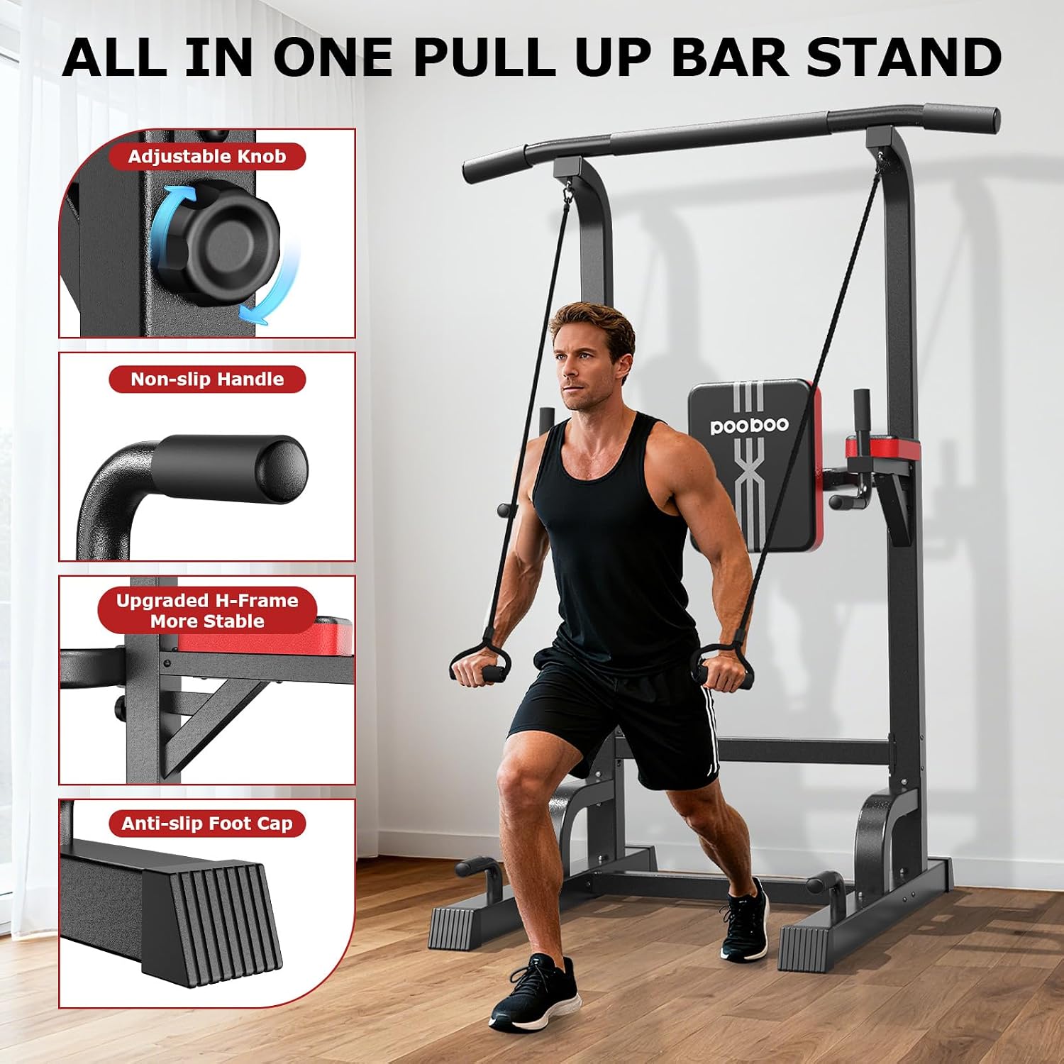 Pooboo Power Tower Dip Station Pull Up Bar for Fitness Home Gym Workout,450 Pounds Multi-Function Adjustable Height Fitness Strength Training Exercise Equipment,with Power Elastic Ropes