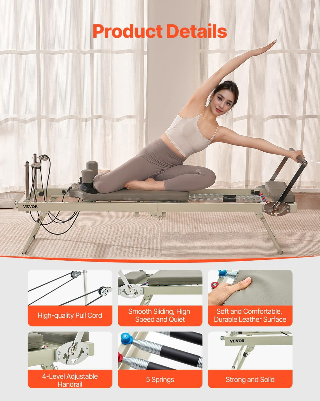 VEVOR Pilates Reformer Foldable, Suitable for Intermediate and Beginners Users, Pilates Equipment for Home Gym Studio Use with 4 Adjustable Resistance Spring, Up to 400 LBS