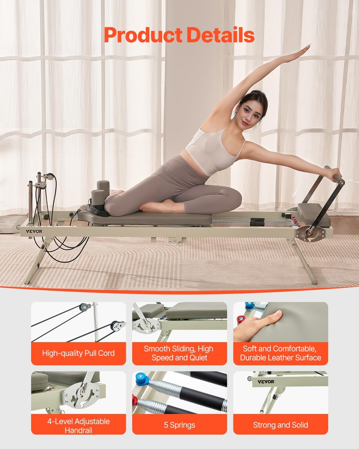 VEVOR Pilates Reformer Foldable, Suitable for Intermediate and Beginners Users, Pilates Equipment for Home Gym Studio Use with 4 Adjustable Resistance Spring, Up to 400 LBS