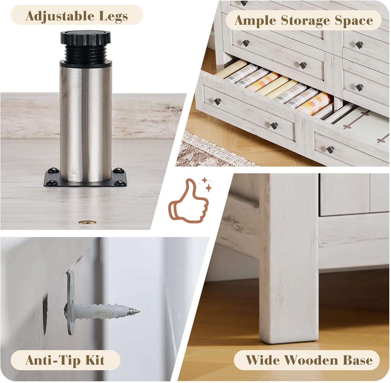 LUXOAK Bedroom Dresser and Nightstand 3 Piece Set, 1 X Wood Rustic 6 Drawer Storage Dresser, Nightstand Set of 2 with Charging Station, Farmhouse Bedroom Furniture Set, Rustic White