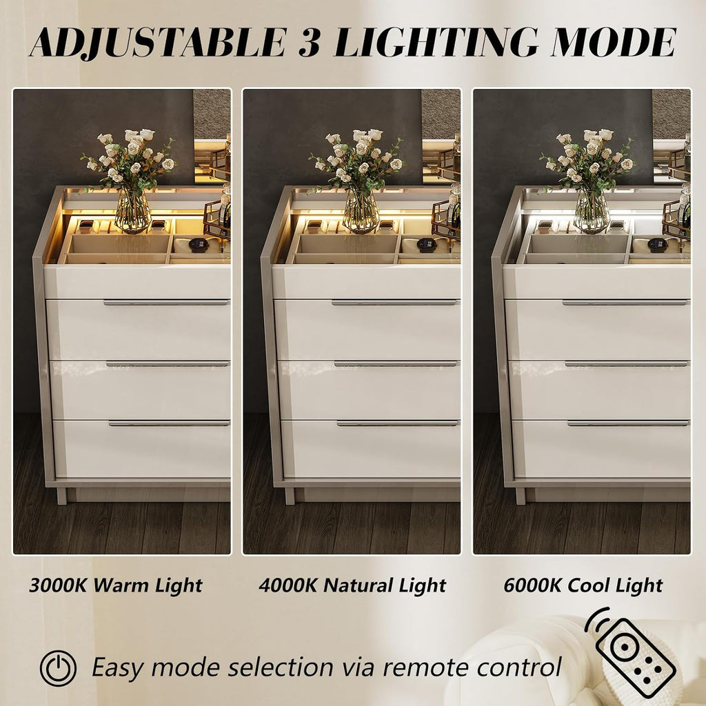 AMERLIFE 47.2' 8 Drawer Dresser with LED Light, Modern High Gloss Chest of Drawers with Glass Tabletop & 2 Six-Grid Jewelry Drawers, for Bedroom, Living Room, Dressing Room, Cream & Grey