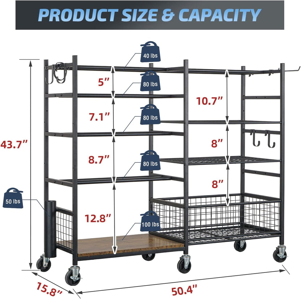 PLKOW Dumbbell Rack, Weight Rack for Dumbbells, Home Gym Storage for Dumbbells Kettlebells Yoga Mat and Balls, All in One Workout Storage with Wheels and Hooks, Powder Coated Finish Steel
