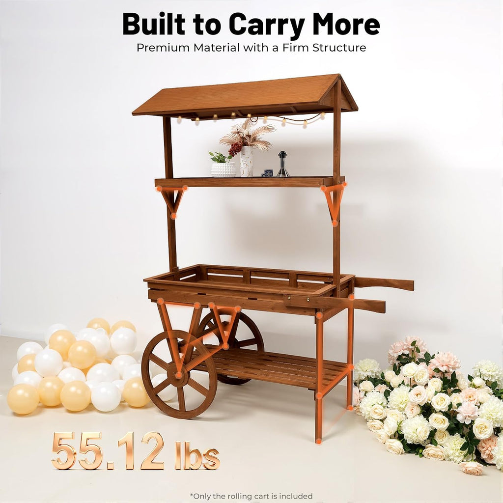 Large Country Market Wooden Rolling Table Cart, Antique Solid Wood Decor Display Rack Cart with Wheels, Rolling Table Carts for Display Various Flowers and Candy (Brown)