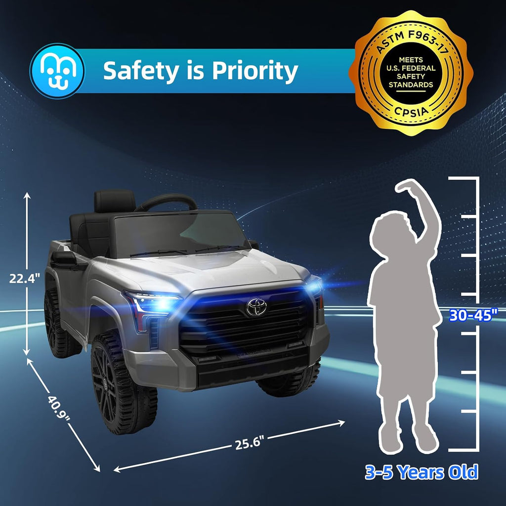 MINIATURE MOTORS Licensed Toyota Tundra Kids Ride on Truck Car Remote Control 12V 7Ah Battery Electric Car for Toddlers Trunk Bluetooth Music Player 4 Wheel Full Suspension Gift for Boys Girls-Grey