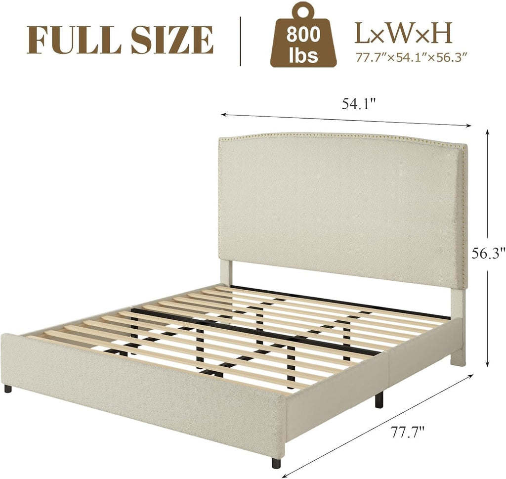 BarnFurin Full Size Chenille Bed Frame with 56' Tall Headboard, Upholstered Platform Bed with Nailhead Trim Headboard, Soft Boucle Fabric, No Box Spring Needed, Easy Assembly, Beige