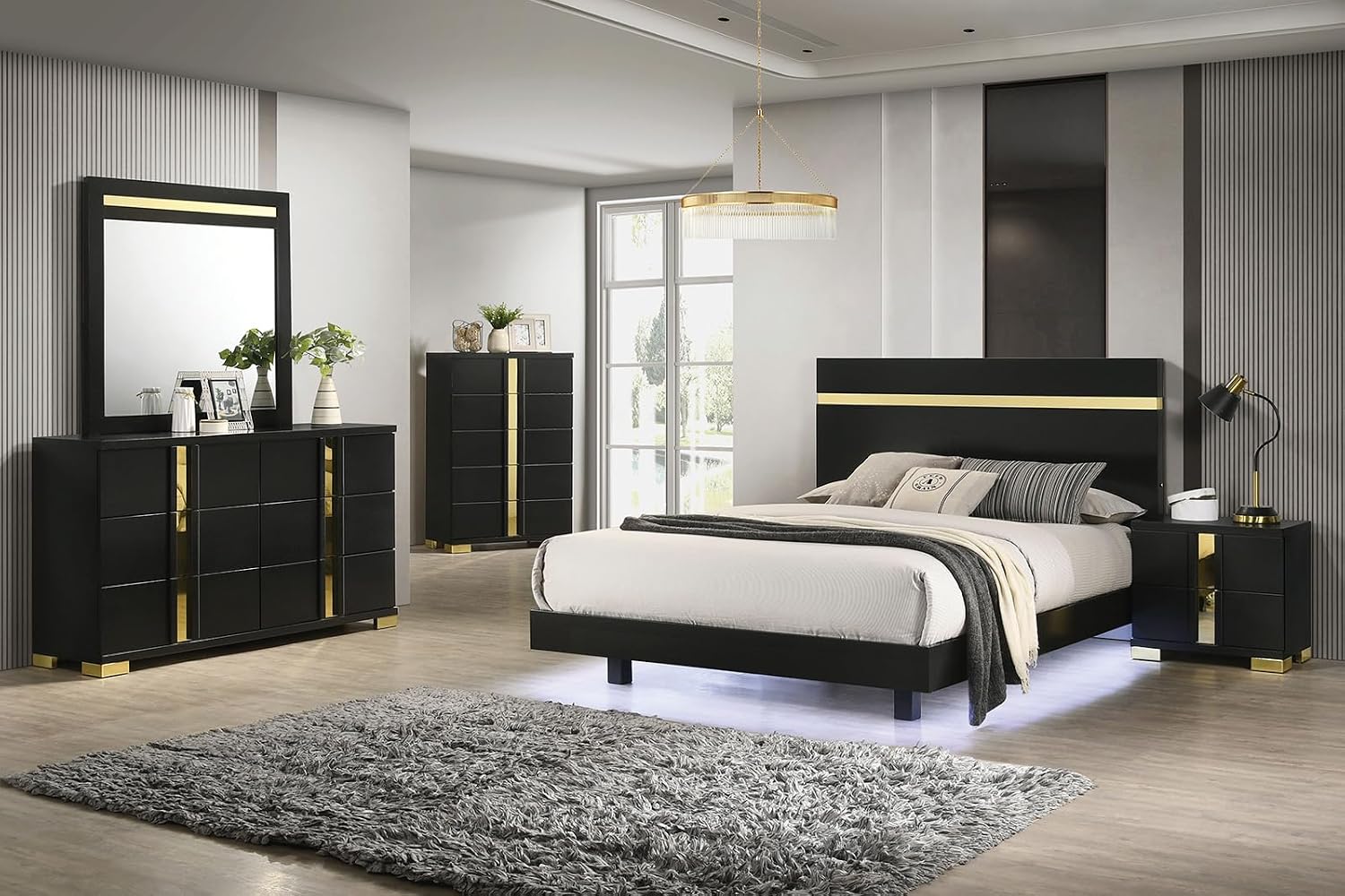 MASARA Contemporary 3-Piece Bedroom Set with Gold Accents, Black Engineered Wood and Metal Construction, Multiple, Ball-Bearing Glides, Bed with 2 Nightstnads (King)