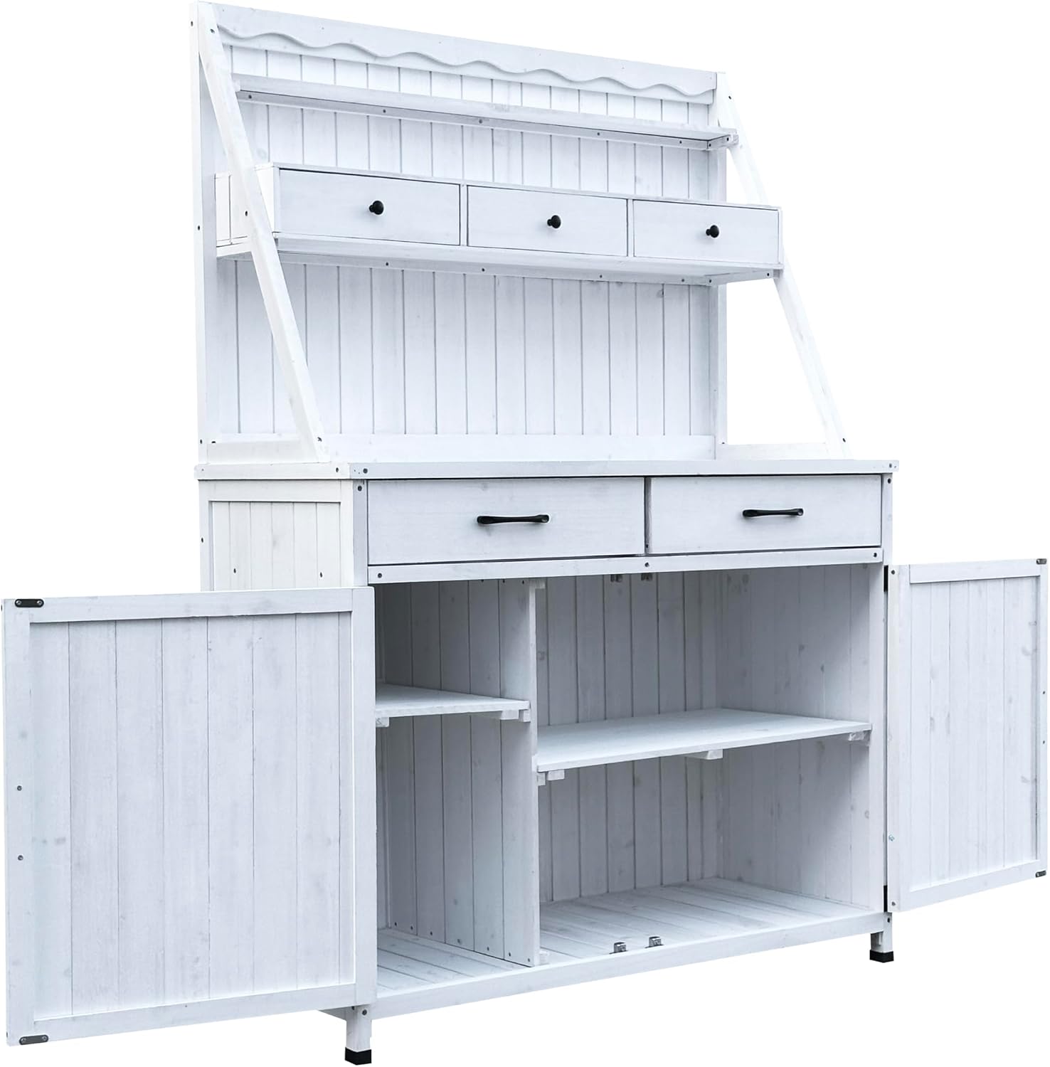 Outdoor Potting Bench with Storage and Drawer, Wooden Gardening Work Table, Fir Wood, White Farmhouse Style, 64.5x45.5x18.9 Inch