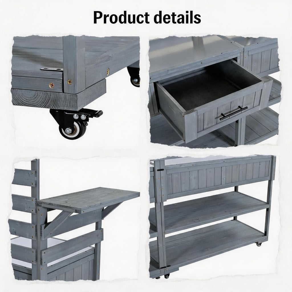 Outdoor Kitchen Island with Stainless Steel Top, 62 in | Fir wood, stainless steel top, raised shelf, modular 2-cart design, lockable wheels, BBQ prep, 62.3 W x 28.6 D x 65 H in