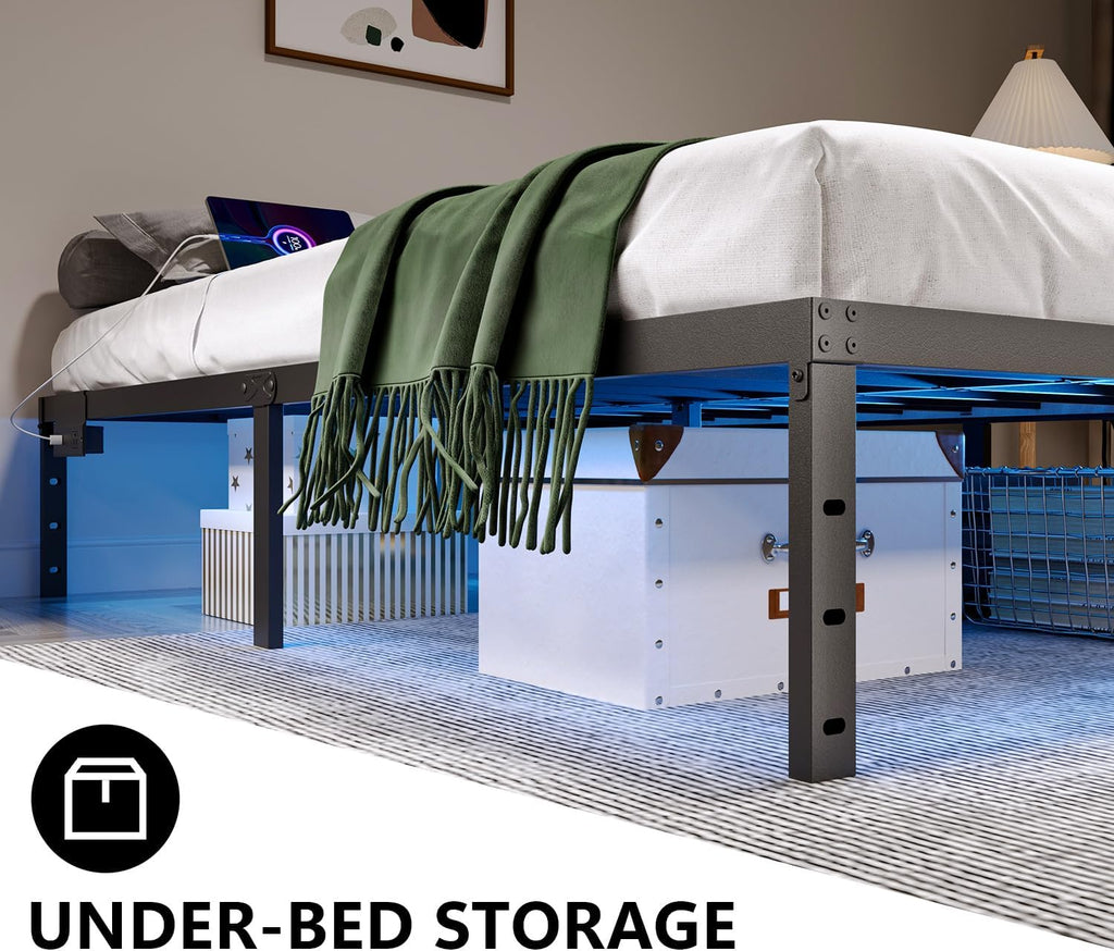 HAVONIZD King Bed Frame with LED Lights & Charging Station - 14 Inch Heavy Duty Metal Platform Bed Frame No Box Spring Needed, Easy Assembly, No Noise