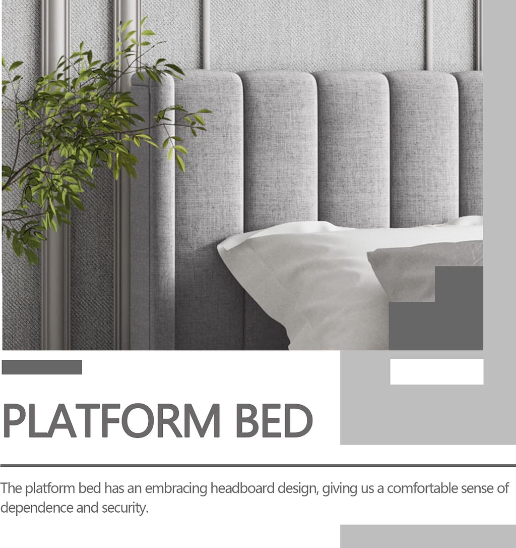 King Size Bed Frame with Headboard, Modern Upholstered Linen Platform Bed, Heavy Duty Wooden Slats Support, No Box Spring Needed, Noise-Free & Easy Assembly, Light Grey