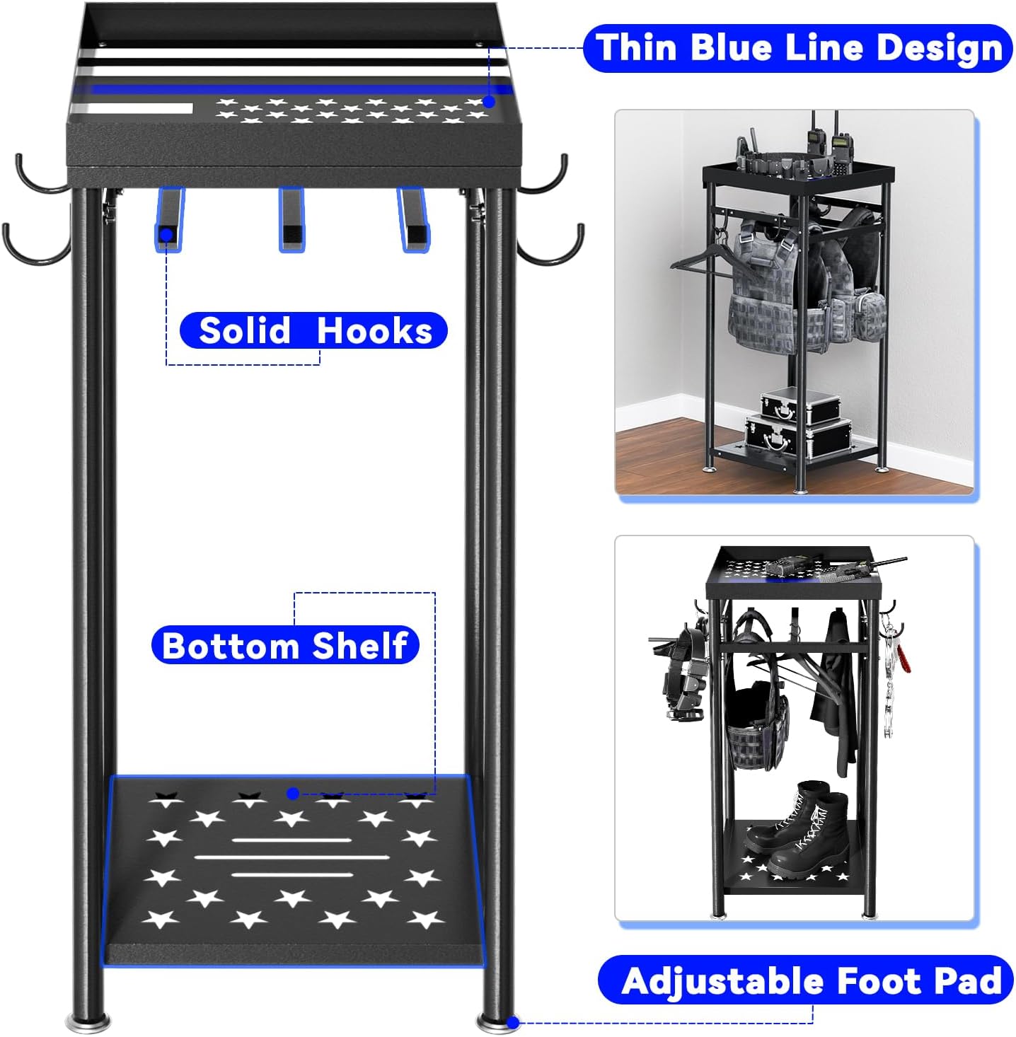 Freestanding Police Gear Stand with Hooks, Heavy Duty Metal Hanger for Body Armor, Duty Belt, Vest & Uniform Storage, Black Tactical Gear Rack Fits Law Enforcement, Security, Academy Graduation Gift