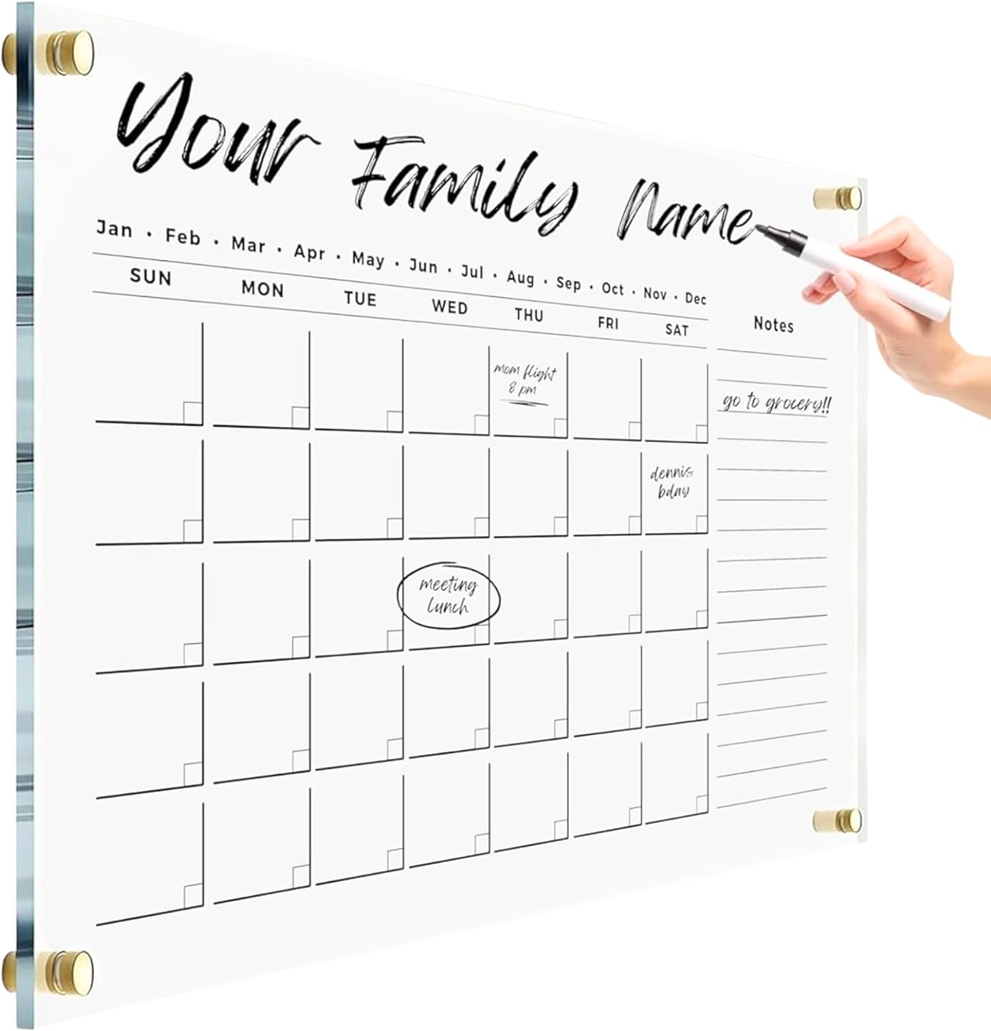 Oversize Acrylic Premium Calendar for Wall - Home Office Monthly Glass - Customizable Thick Clear Dry Erase Board - Calendar 2026 Dry Erase Planner (Gold Standoff, 36'x24' (Large))