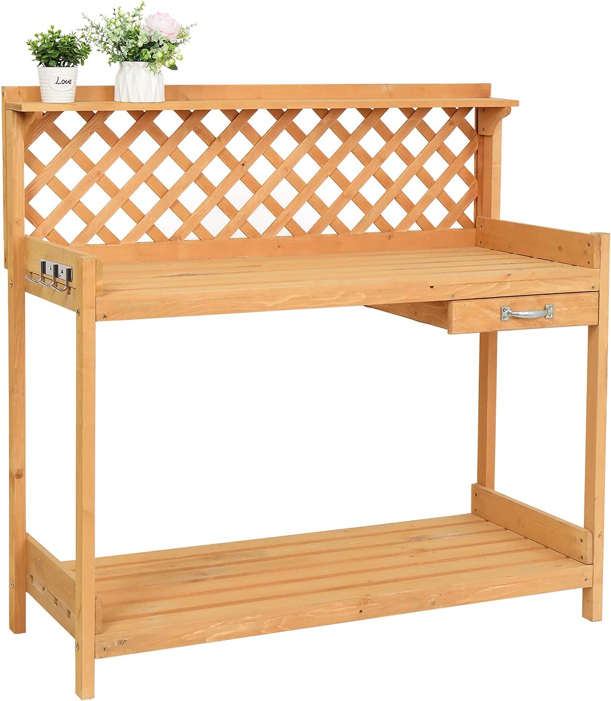 Outdoor Garden Potting Bench, Wooden Workstation Table w/Cabinet Drawer, Open Shelf, Lower Storage