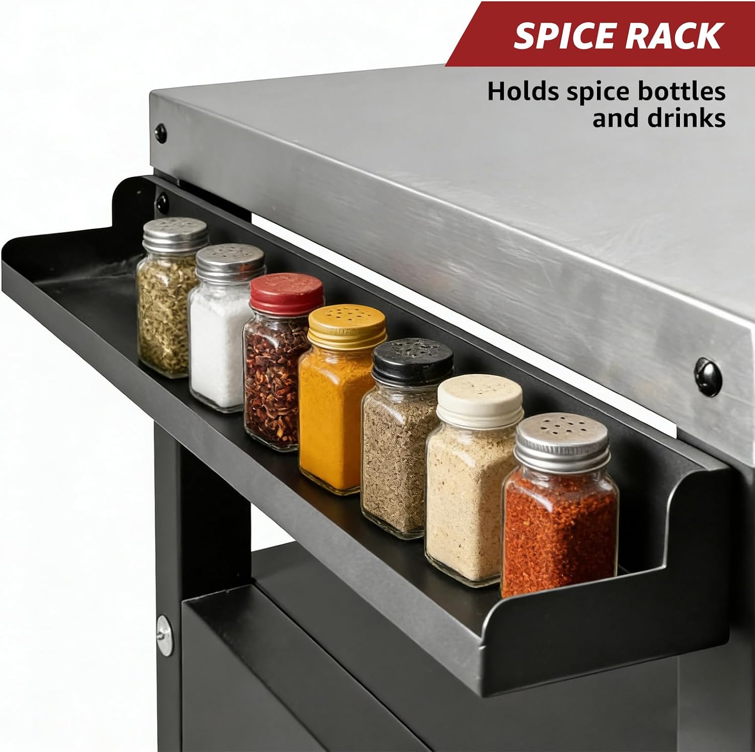 Outdoor Pizza Oven Stand & Grill Cart with Big Storage Cabinet - Stainless Steel Prep Table for BBQ, Movable Kitchen Island with Wheels, Bottle Opener, Spice Rack & Towel Holder for Backyard