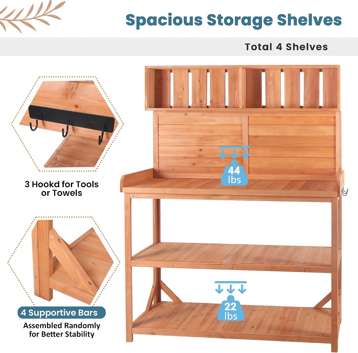 Wooden Potting Bench Table, Farmhouse Rustic Outdoor Storage Bench, Garden Work Bench with 4 Storage Shelves & Side Hook, Outdoor Gardening Table & Work Bench for Plants (Natural)