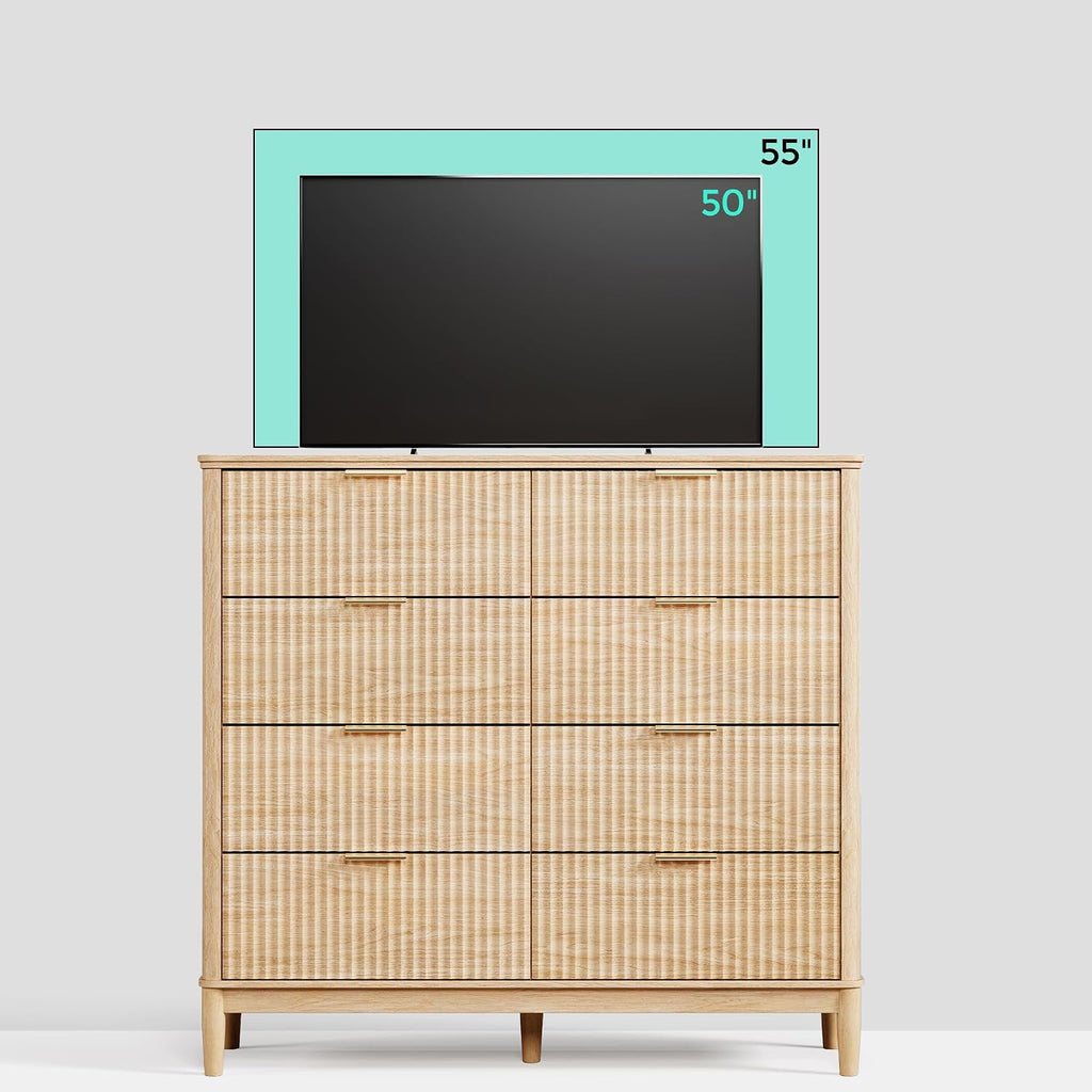 LINSY Fluted Dresser for Bedroom with 8 Drawers, Mid Century Modern Chest of Drawers with Gold Metal Handles, Wide Boho Wood Dressers, Large Farmhouse Storage Cabinet for Bedroom, Living Room, Oak