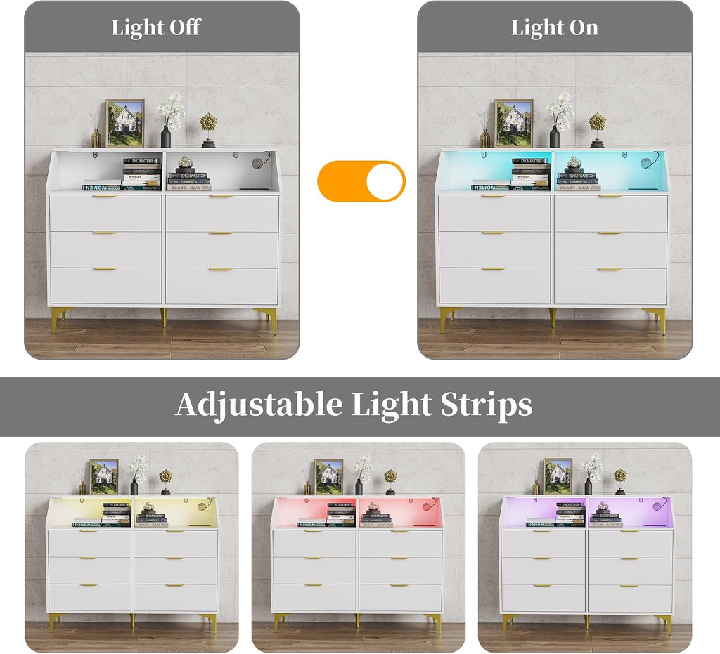6 Drawer Dresser for Bedroom with Charging Station and LED Lights, Modern Double Dresser, Large Chest of Drawers with Open Space, LED Storage Cabinet for Living Room (White-Gold)