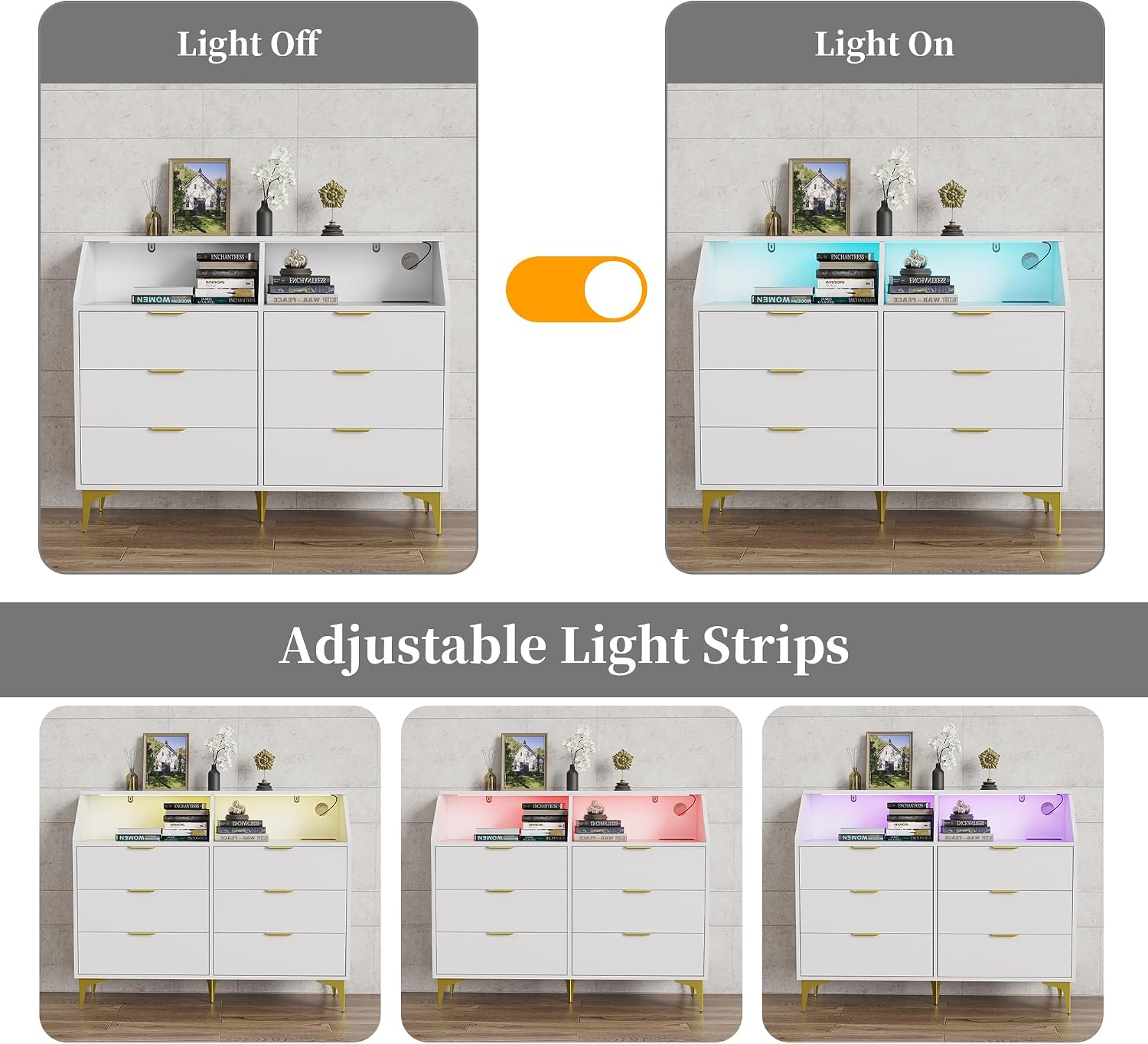 6 Drawer Dresser for Bedroom with Charging Station and LED Lights, Modern Double Dresser, Large Chest of Drawers with Open Space, LED Storage Cabinet for Living Room (White-Gold)
