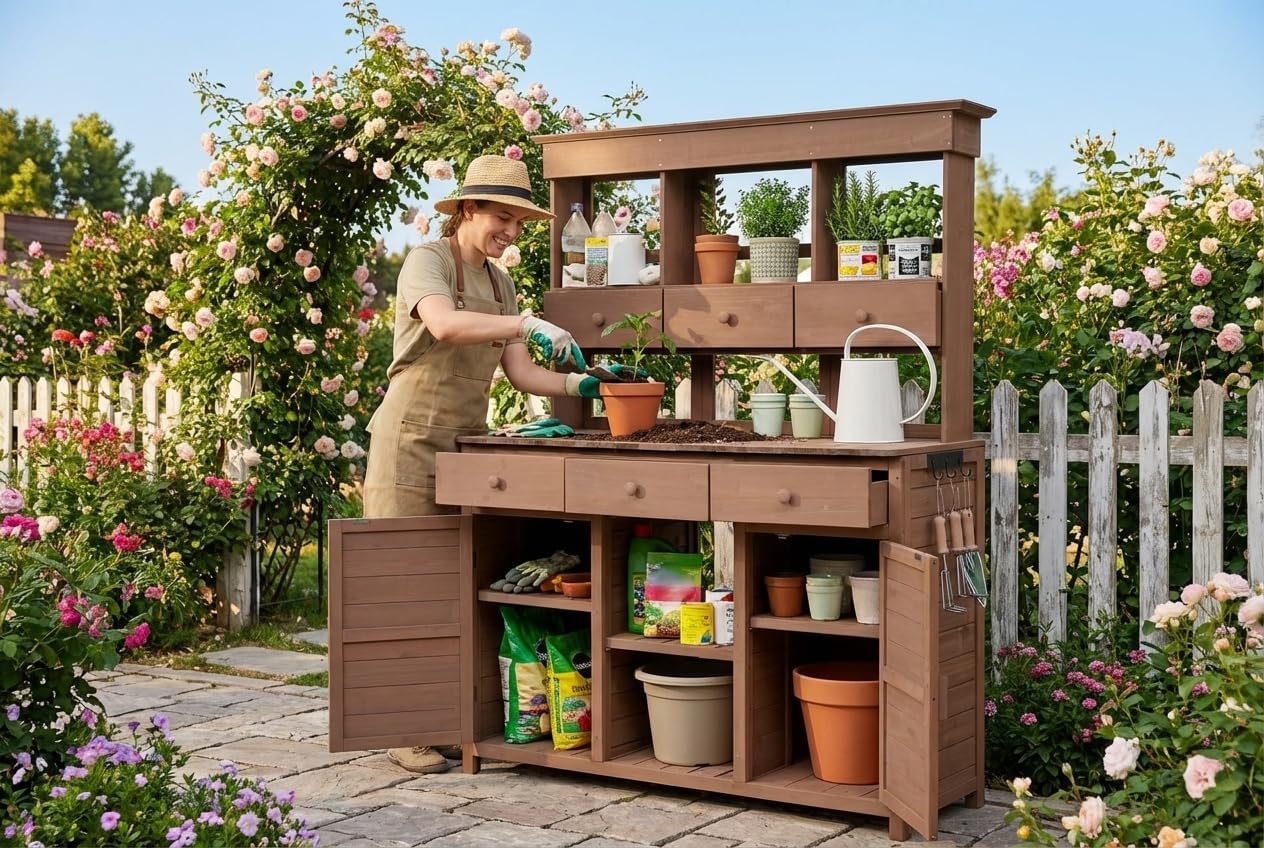 65.7' Tall Garden Potting Table Potting Bench with Hutch, Outdoor Storage Workstation, 3 Shelves 6 Drawers 2 Cabinets and Side Hooks for Mudroom or Garden Potting Bench Patio, Brow