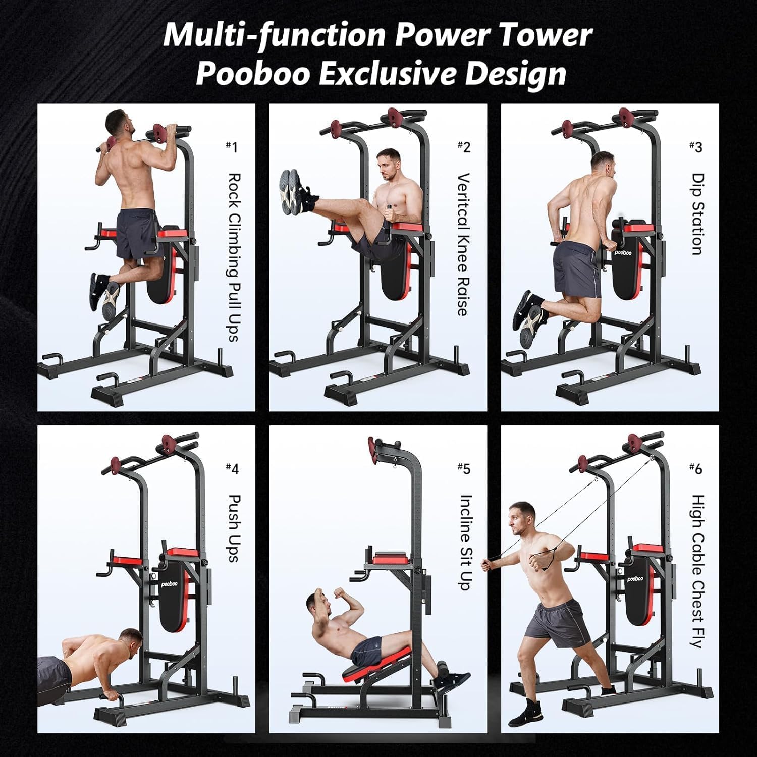 Pooboo Power Tower Dip Station Pull Up Bar for Fitness Home Gym Workout,450 Pounds Multi-Function Adjustable Height Fitness Strength Training Exercise Equipment,with Power Elastic Ropes