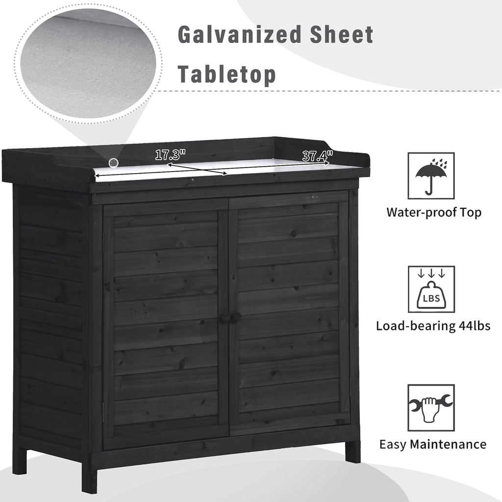 Outdoor 39' Potting Bench Table, Rustic Garden Wood Workstation Storage Cabinet Garden Shed with 2-Tier Shelves and Side Hook, Orange,for Outdoor Indoor Use (Black)