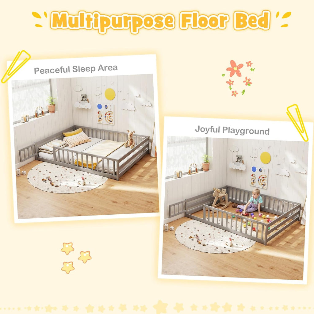 KOMFOTT Full Size Wood Floor Bed with Door & Fence, Montessori Bed Frame with Full Length Safety Guardrails, Door & Latch, Wooden Montessori Floor Bed for Kids, Girls, Boys (Full,Grey)