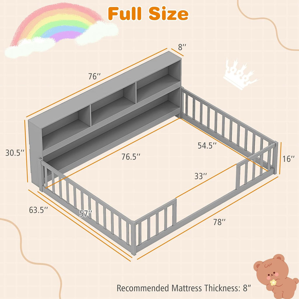 Giantex Full Size Floor Bed for Kids, Wooden Montessori Bed Frame with Bookcase, Storage Shelves & Safety Fence Rails, Floor Beds Full for Girls, Boys, No Box Spring Needed, Without Slats, Grey
