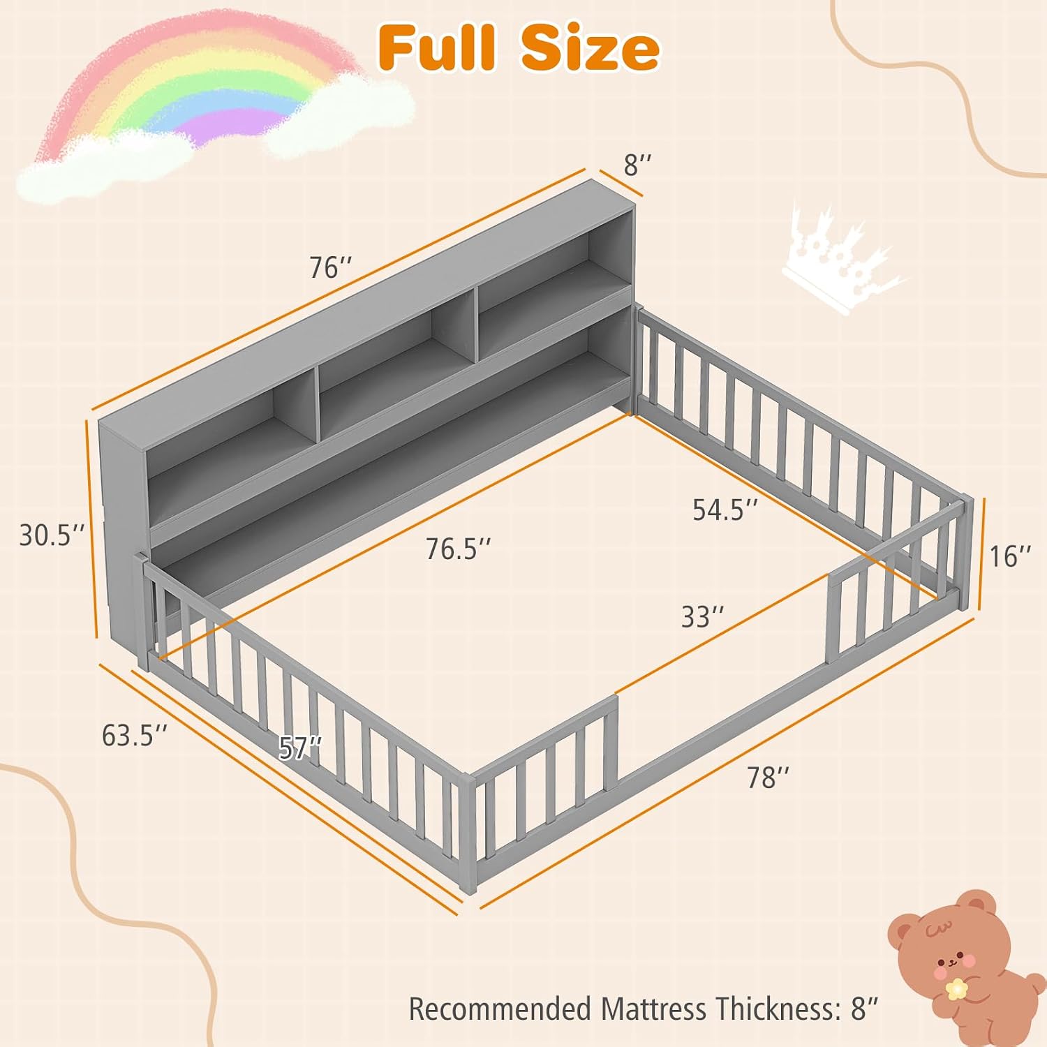 Giantex Full Size Floor Bed for Kids, Wooden Montessori Bed Frame with Bookcase, Storage Shelves & Safety Fence Rails, Floor Beds Full for Girls, Boys, No Box Spring Needed, Without Slats, Grey