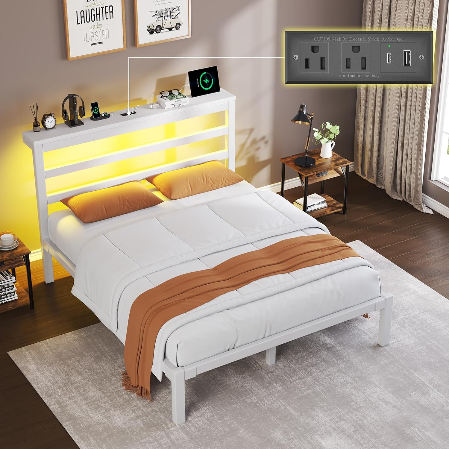 E-Motie Full Size Bed Frame with Storage Headboard, Industrial Platform Bed with Charging Station and LED Lights, Underbed Storage Space,Easy Assembly,No Box Spring Needed,Modern, White