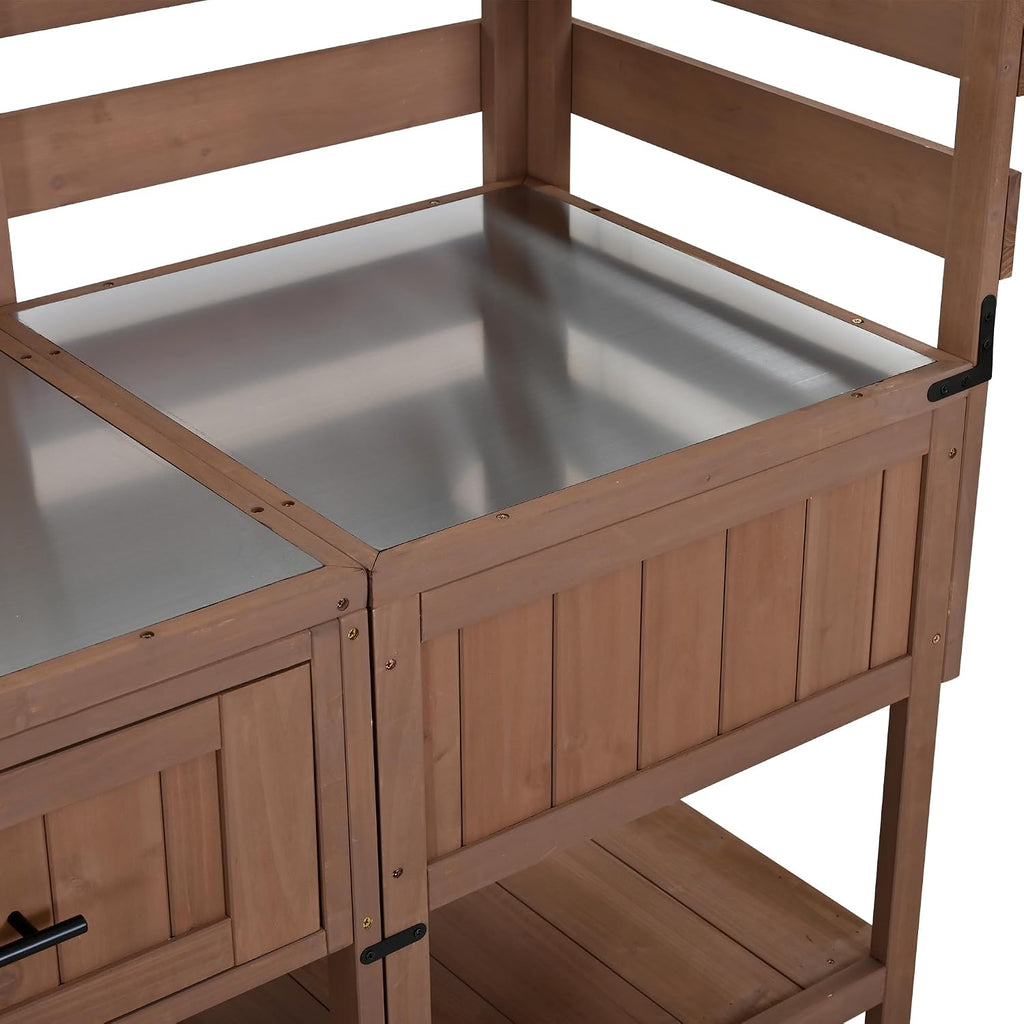 62.3'' Patio Kitchen Island Cart with Stainless Table Top,Solid Wood Garden Potting Bench with Raised Shelf and Drawers, Grill Prep Table for BBQ, Party (Brown-E)