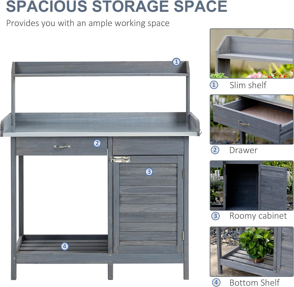 Outdoor Potting Bench Table, Work Station with Storage Cabinet, Open Shelf and Steel Tabletop, Gray
