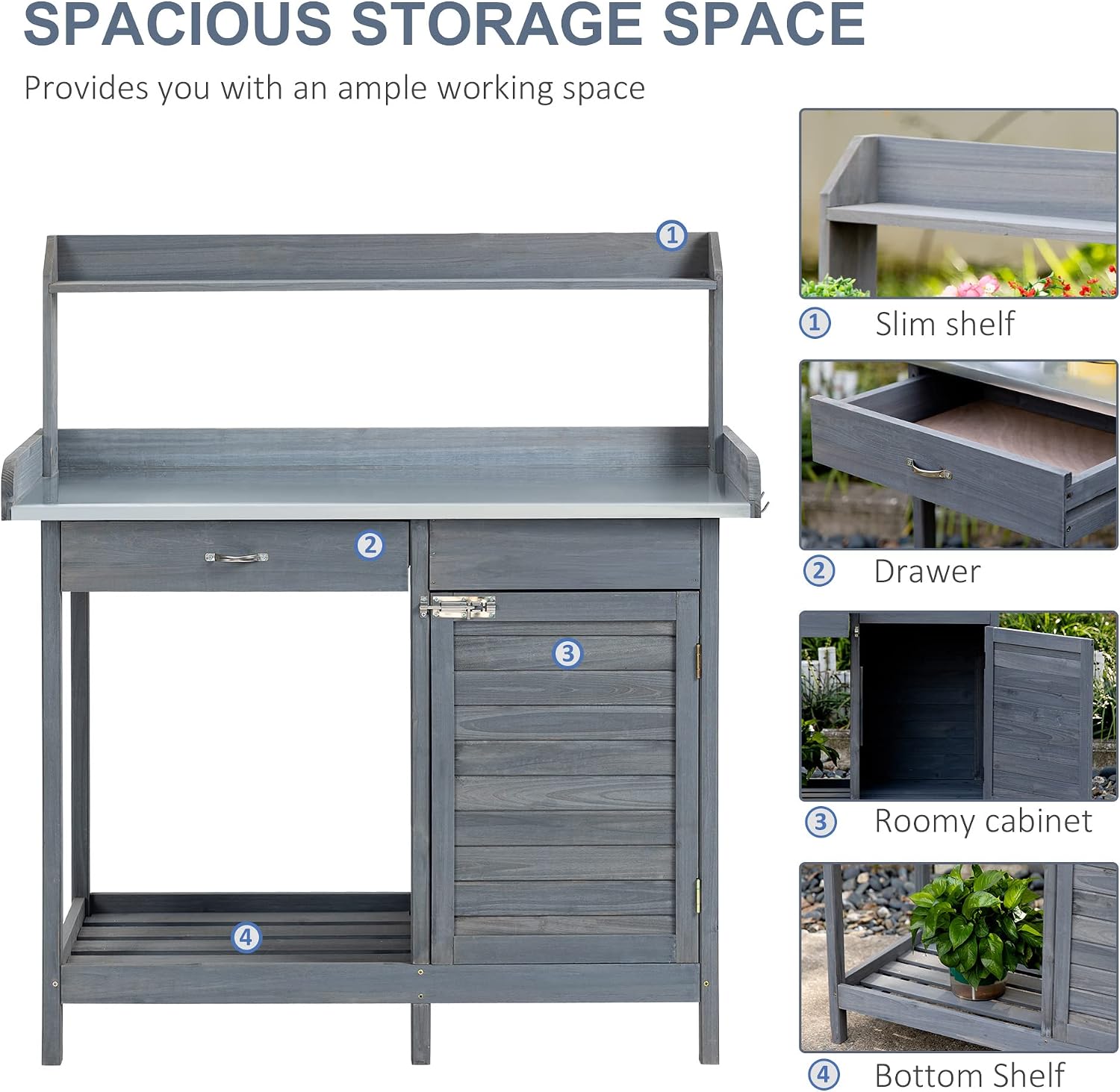 Outdoor Potting Bench Table, Work Station with Storage Cabinet, Open Shelf and Steel Tabletop, Gray