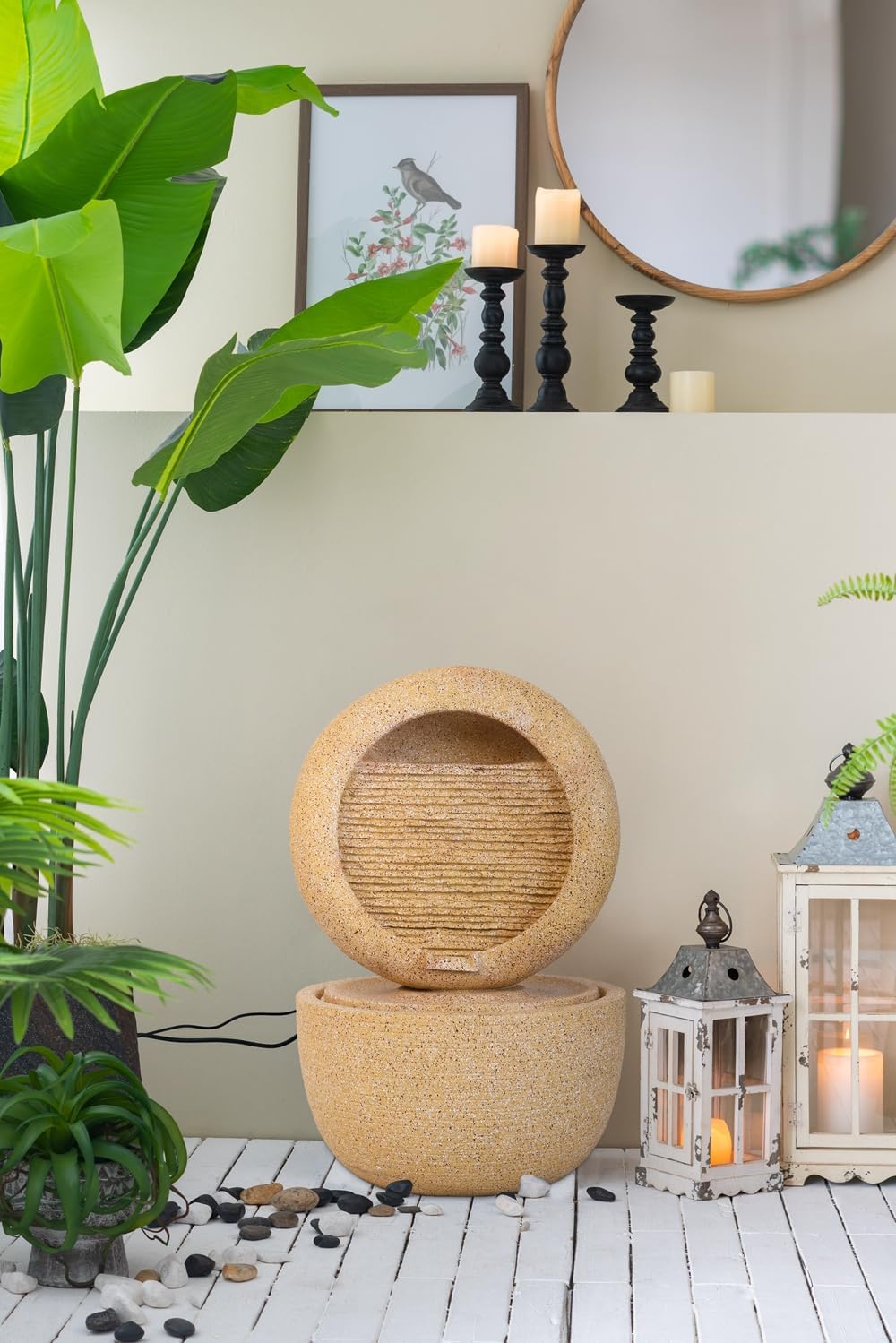 Cement Tabletop Fountain with Light and Pump, 2-Tiered Indoor/Outdoor Decor for Patio, Garden, Yard, Balcony