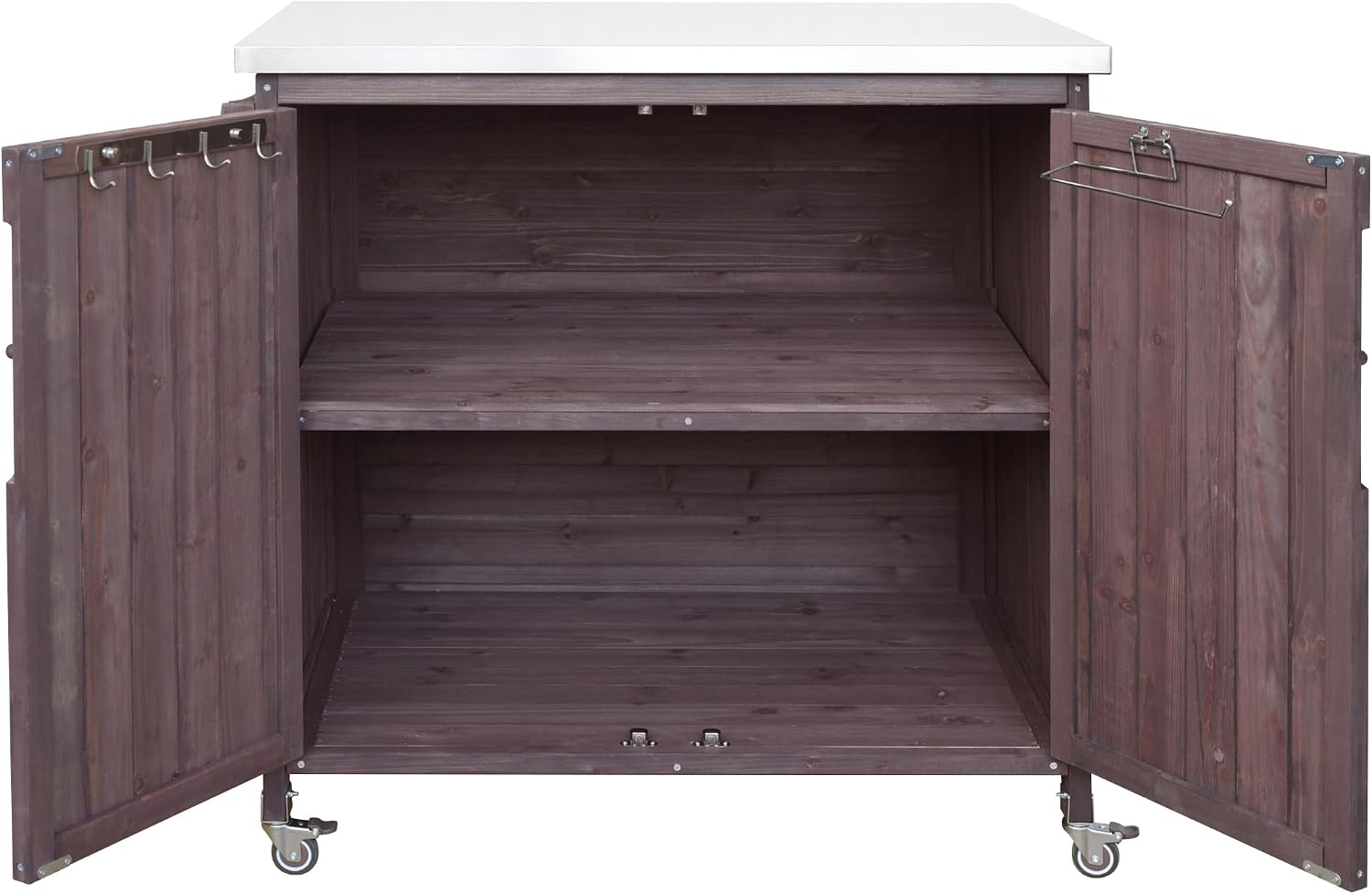 42.1' Outdoor Kitchen Island with Side Shelf,Patio Grill Cart with Storage,Stainless Steel Top, Adjustable Shelf and 4 Wheels,for Pizza Prep (Dark Brown-P)