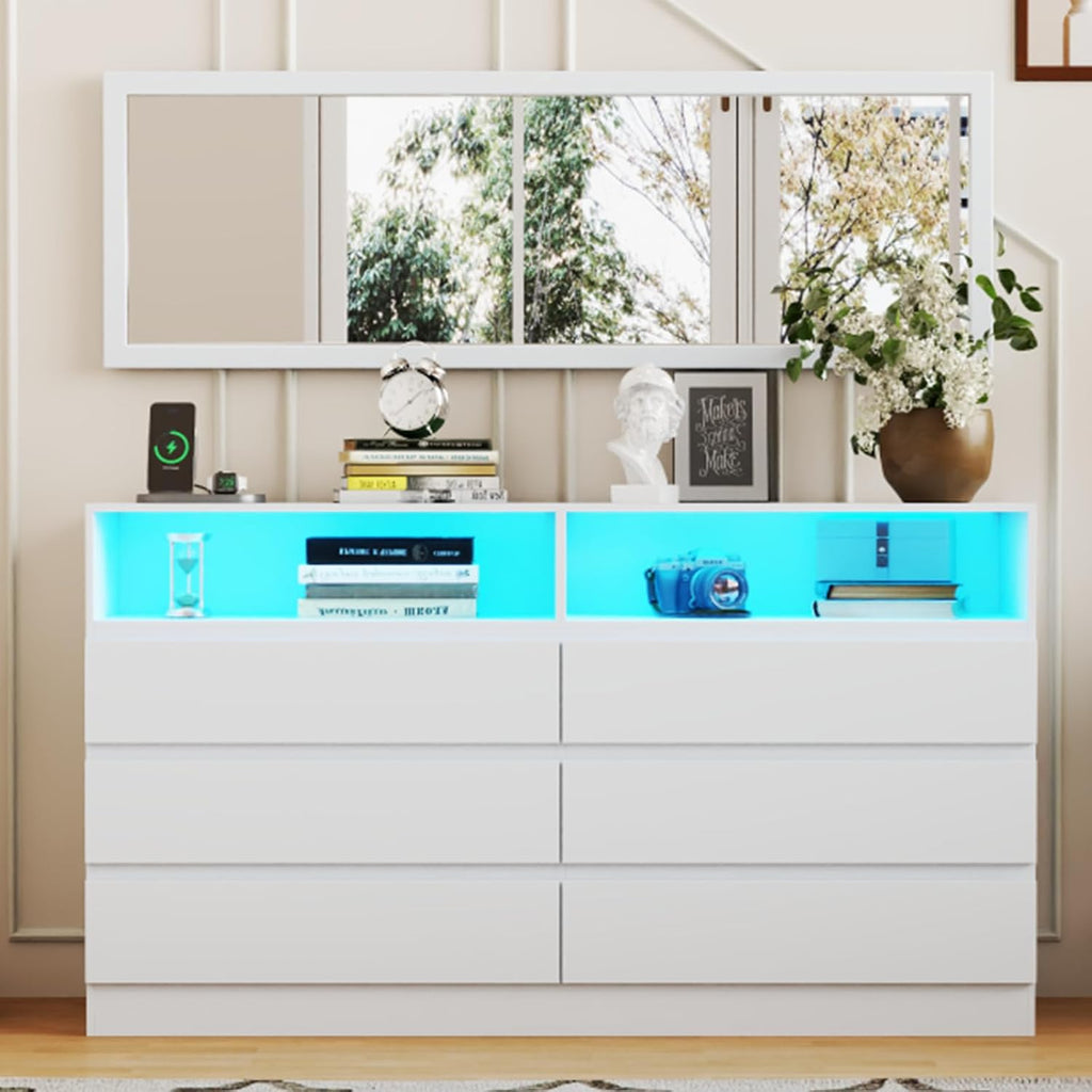 Gyfimoie Dresser for Bedroom with Full Length Mirror 48'x16', White Storage Cabinet with Power Outlet, 6 Drawer Dresser with LED Light, Modern Dressers with Charging Station(White)