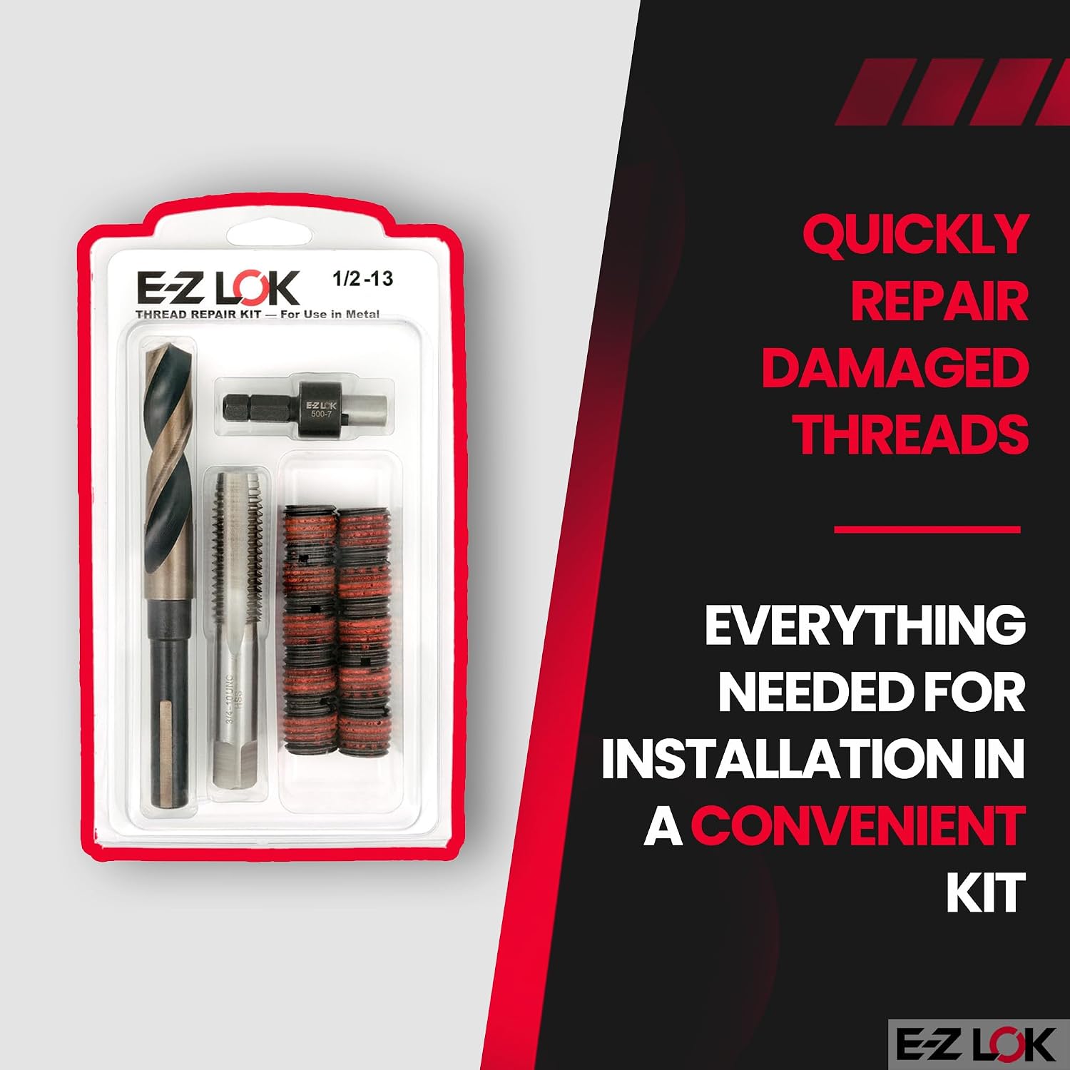 E-Z LOK Thread Repair Kit for Metal - Includes Threaded Inserts, Drill, Tap and Drive Tool, Standard Wall, 1/2-13 x 3/4-10 x 1.00 Length (EZ-329-801)