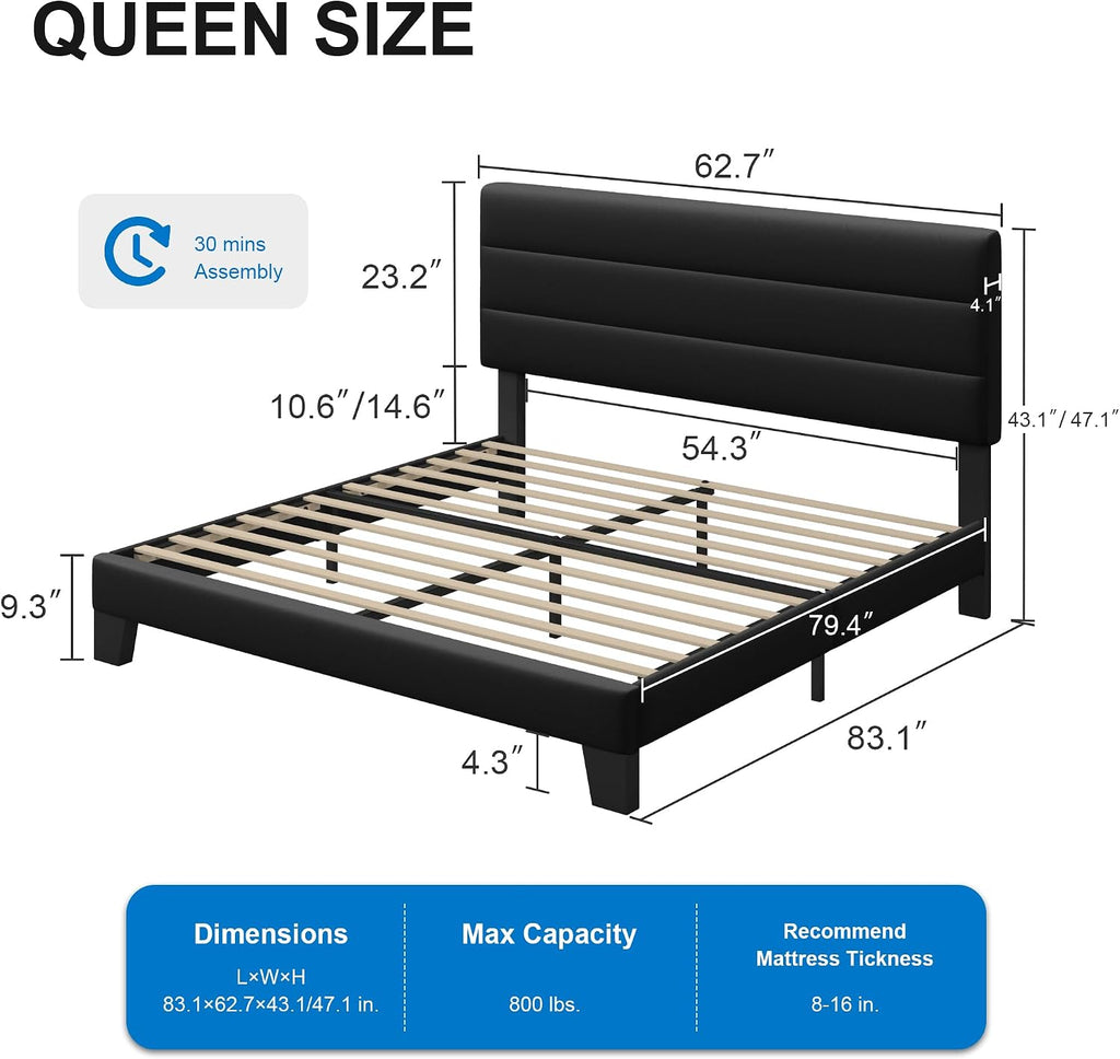 GOLDORO Queen Size Platform Bed Frame with Upholstered Headboard, Wooden Slats Support, No Box Spring Needed, Easy Assembly, Black