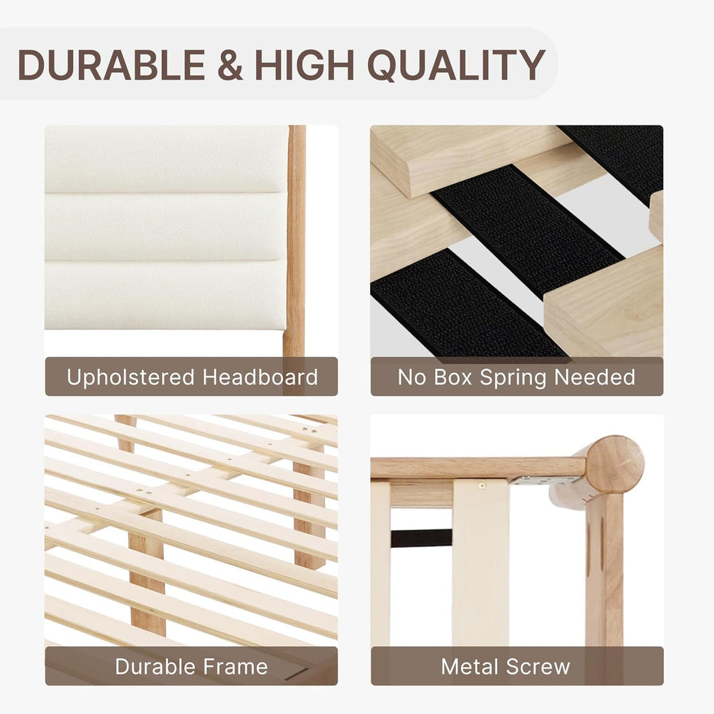 A Complete Set of Full-Size Furniture, Featuring A Wooden Bed Frame with Two Bedside Tables, Suitable for A Bedroom.(Cream)