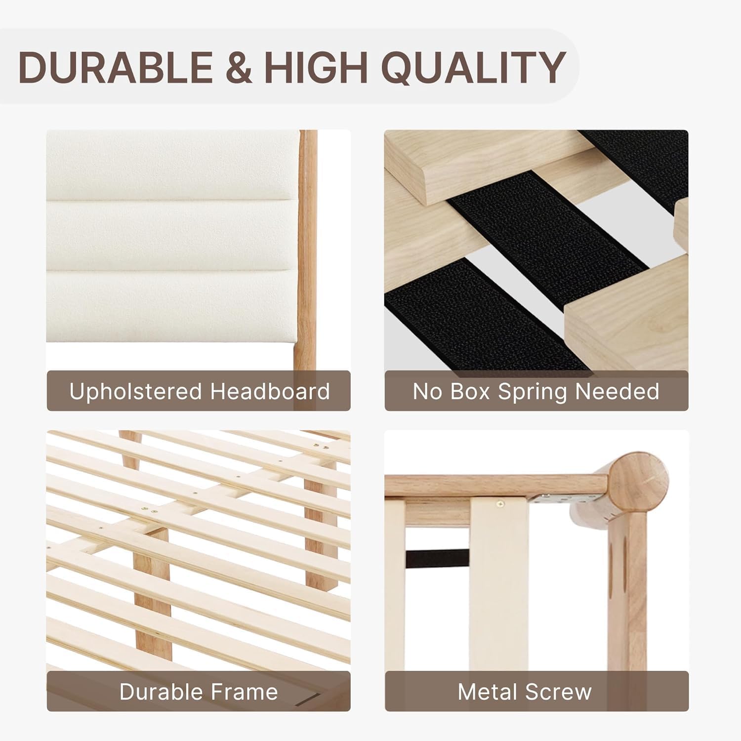 A Complete Set of Full-Size Furniture, Featuring A Wooden Bed Frame with Two Bedside Tables, Suitable for A Bedroom.(Cream)