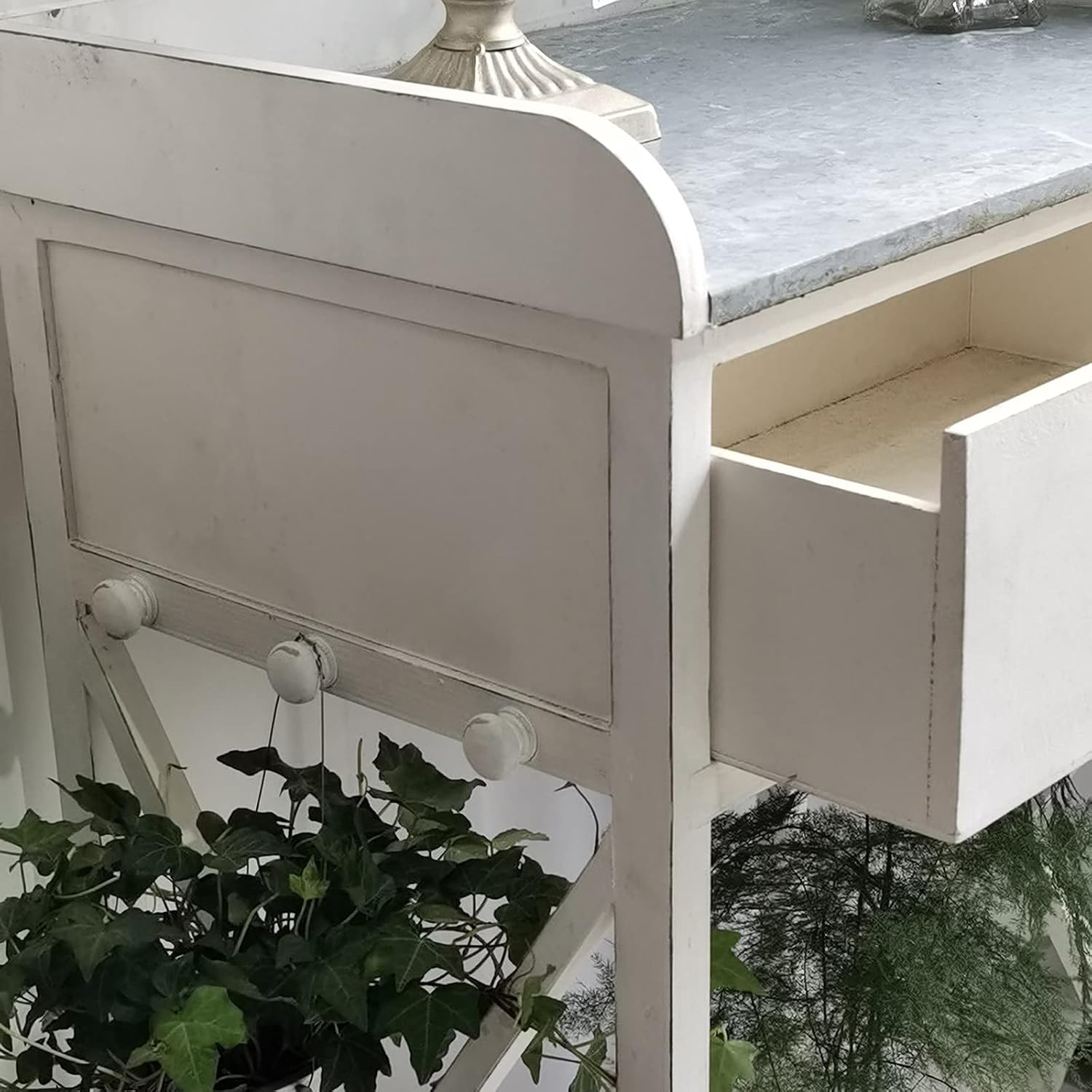 Vintage Old Wooden Garden Potting Table for Outdoor/Indoor,Floor-Standing Plant Stand w/Drawer and Hook