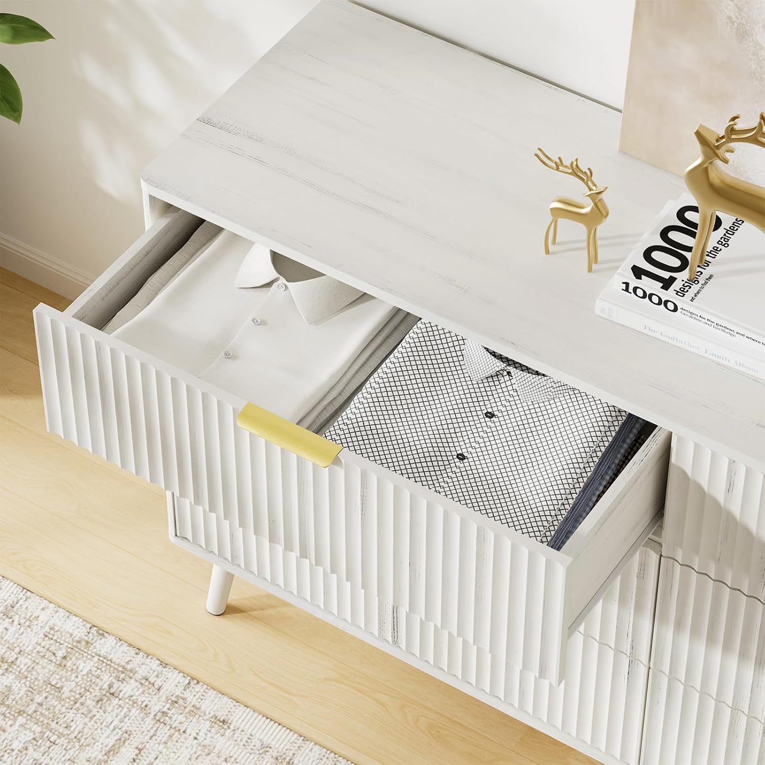 LYNSOM 55' Wide Fluted Dresser for Bedroom with 6 Drawer, Modern Chest of Drawers with Curved Profile Design and Metal Handles, Wood Dresser TV Stand & Storage Organizer for Living Room, White