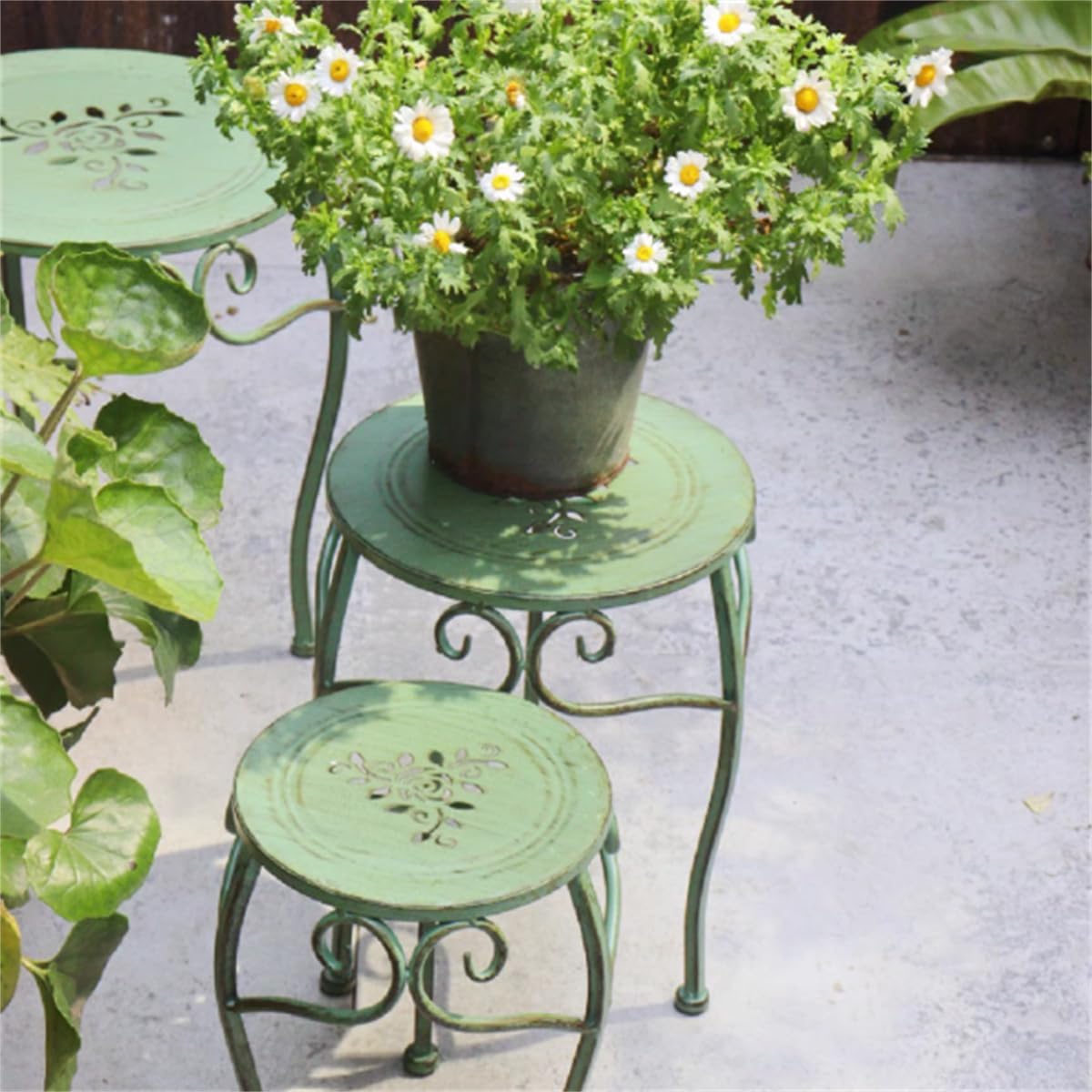 3Pcs Floor-Standing Flower Bench, Outdoor Cast Iron Flower Stand,Heavy Duty Wrought Iron Flower Pot Stand,Outdoor Garden Potting Bench Table,for Courtyard Garden Living Room,A